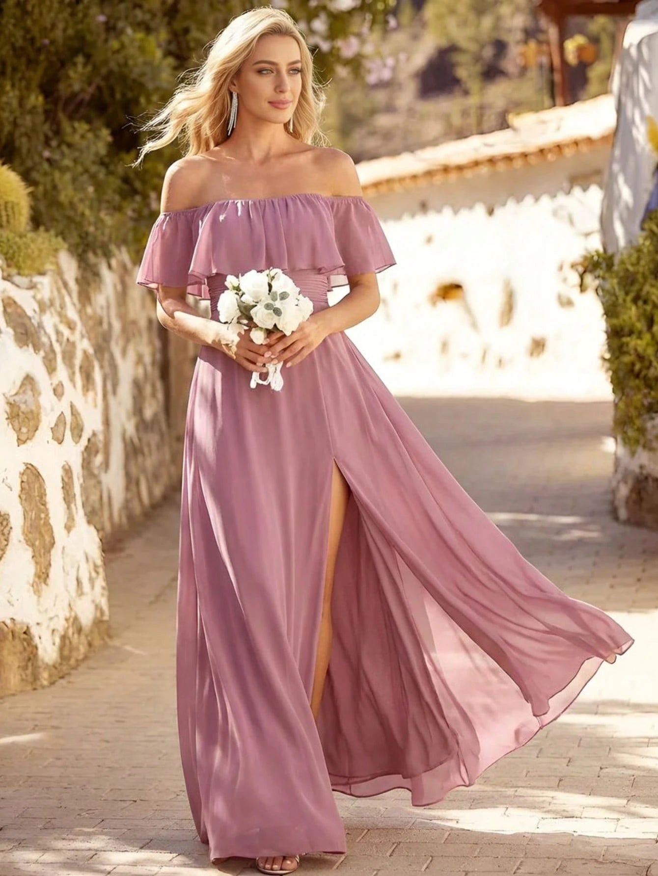 EVERPRETTY Open Shoulder Ruffle Sleeve Side Slit A-Line Chiffon