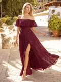 EVERPRETTY Open Shoulder Ruffle Sleeve Side Slit A-Line Chiffon Burgundy Bridesmaid Dress, Wedding Guest