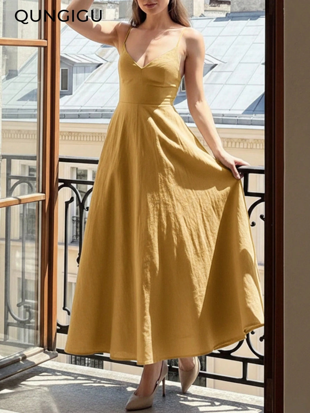 QUNGIGU Women's Elegant Spaghetti Strap Midi Dress V-Neck Linen