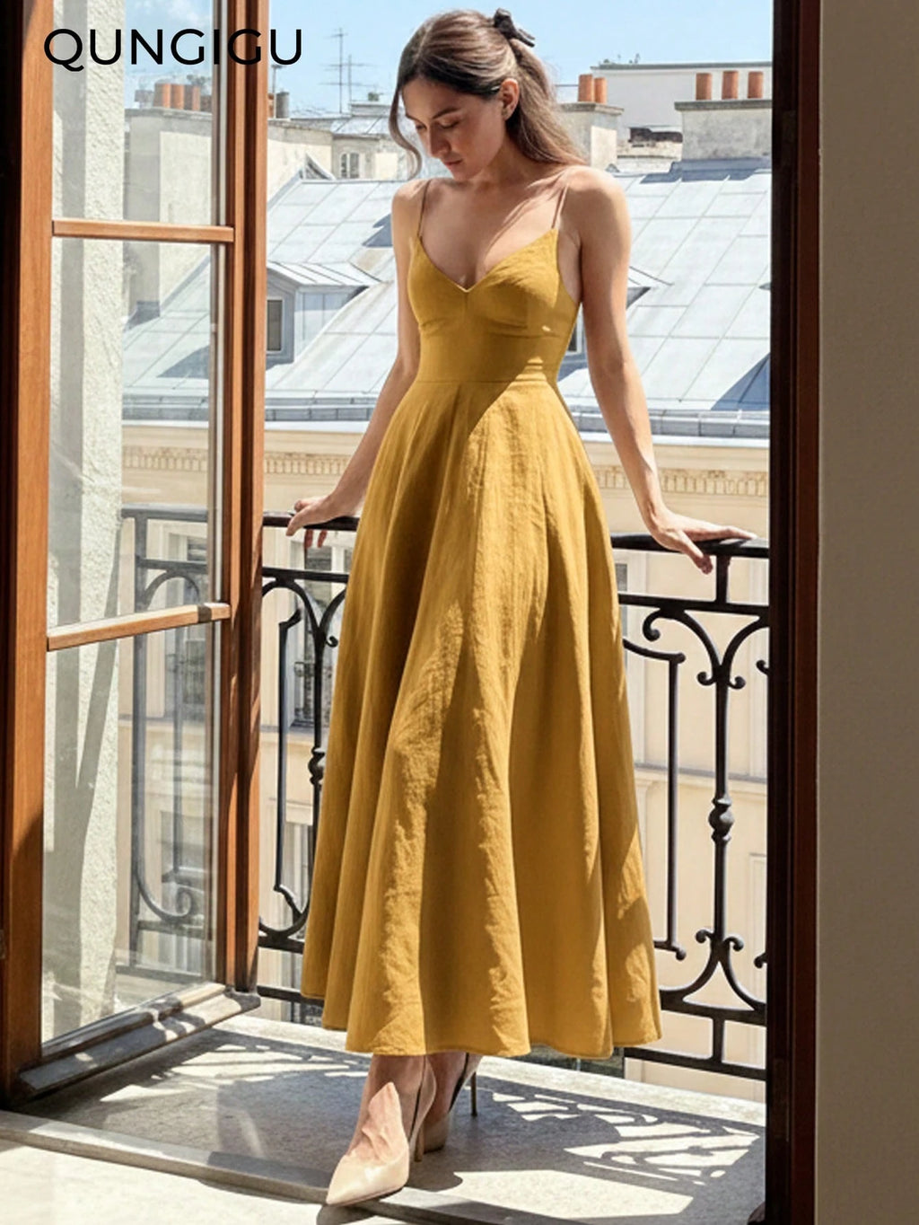 QUNGIGU Women's Elegant Spaghetti Strap Midi Dress V-Neck Linen