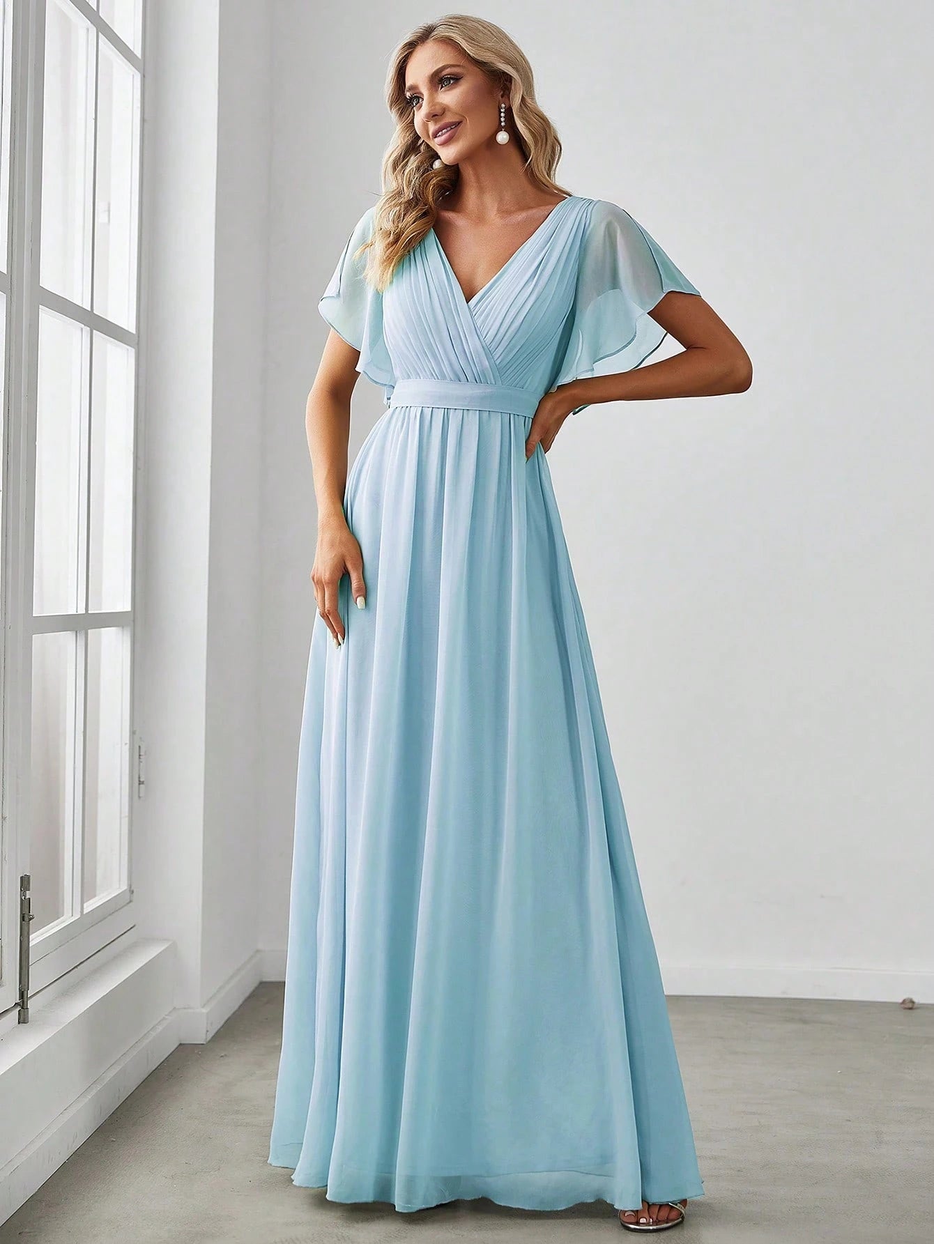 EVERPRETTY Butterfly Sleeve Pleated Chiffon Light Pink Bridesmaid