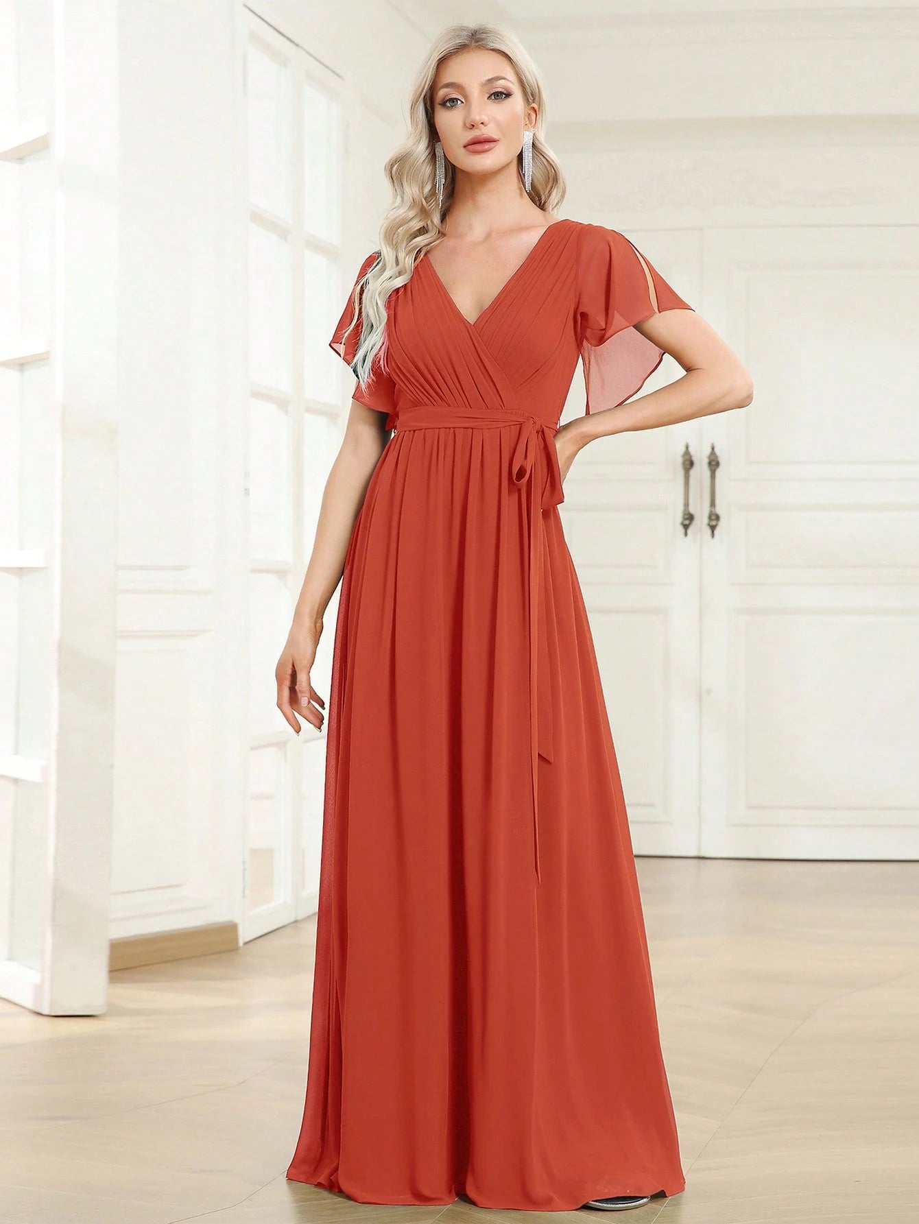 EVERPRETTY Butterfly Sleeve Pleated Chiffon Light Pink Bridesmaid