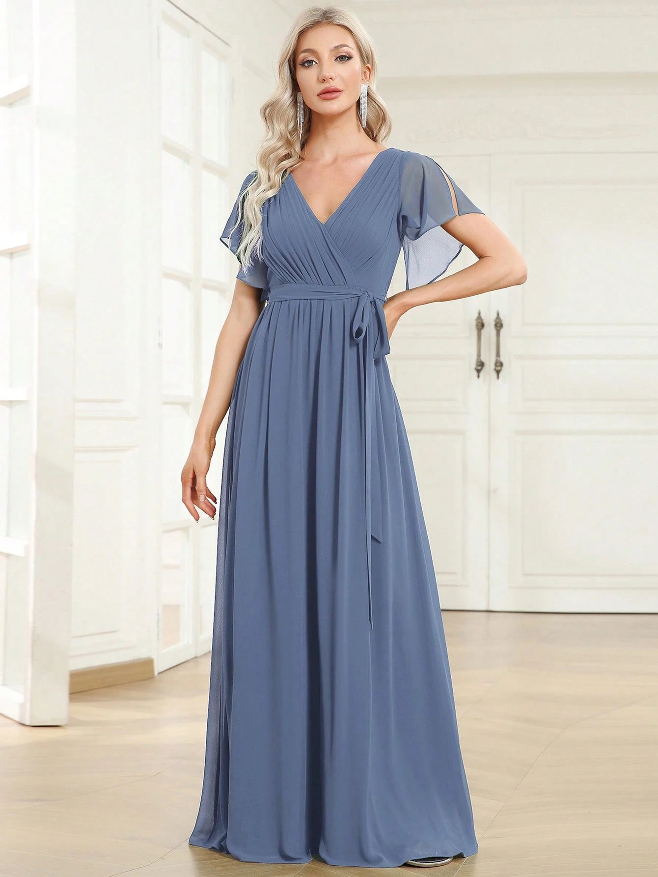 EVERPRETTY Butterfly Sleeve Pleated Chiffon Light Pink Bridesmaid