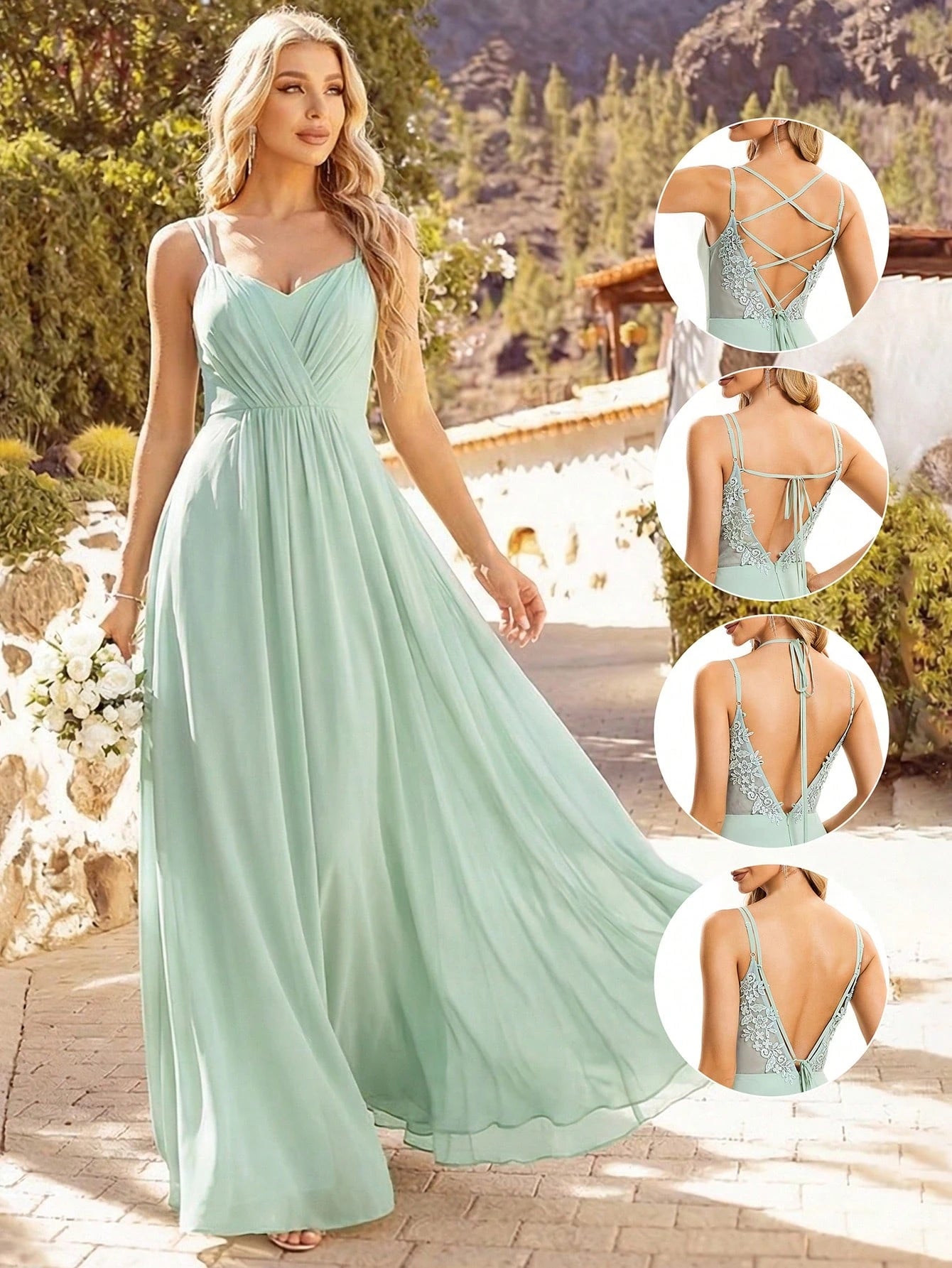 EVERPRETTY Elegant Chiffon Backless Floral Embroidered Sage Green Bridesmaid Dress, Suitable For Birthday - image 7