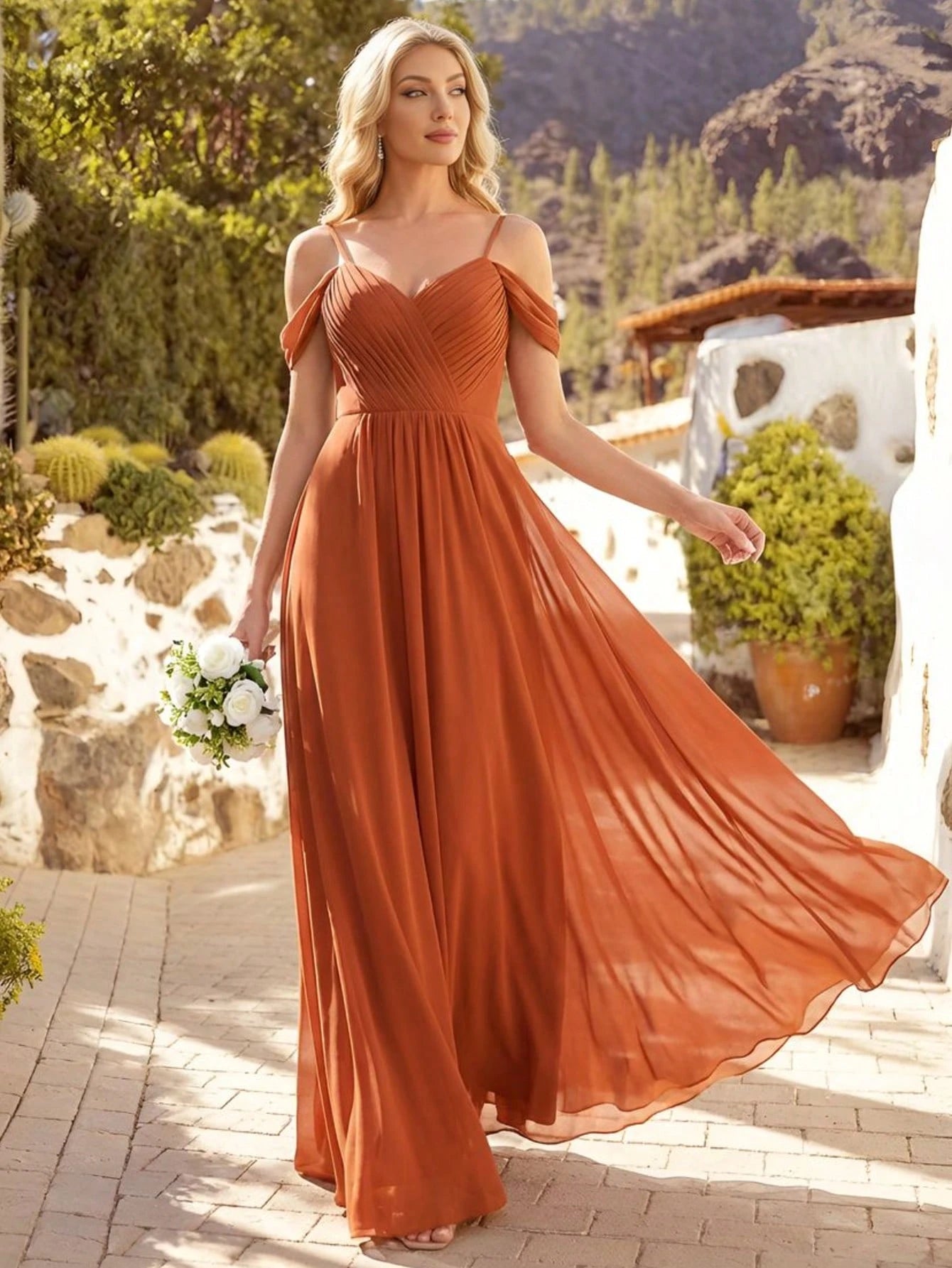 EVERPRETTY Elegant Solid Color V-Neck Ruched Blush Pink Bridesmaid