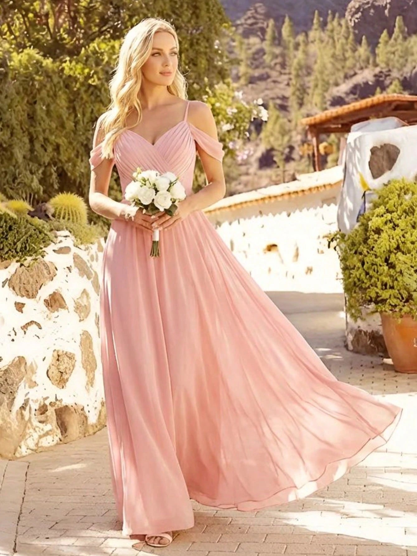EVERPRETTY Elegant Solid Color V-Neck Ruched Blush Pink Bridesmaid