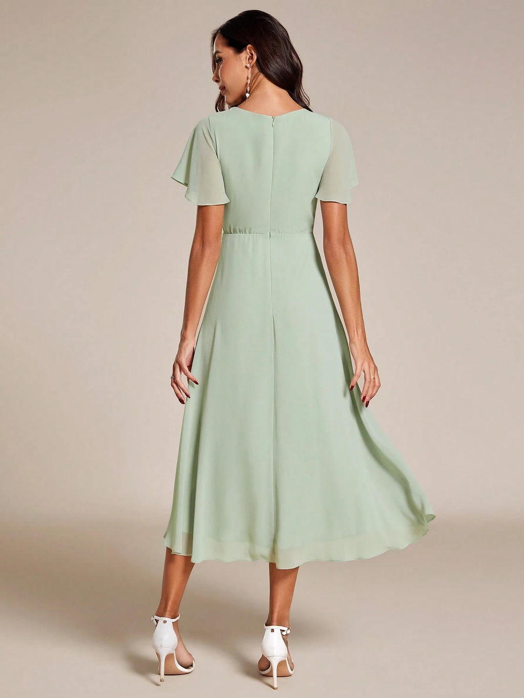 EVERPRETTY Summer Elegant Chiffon V-Neck Ruched Mint Green Bridesmaid Dress, Wedding Guest Dress, Soft - image 3
