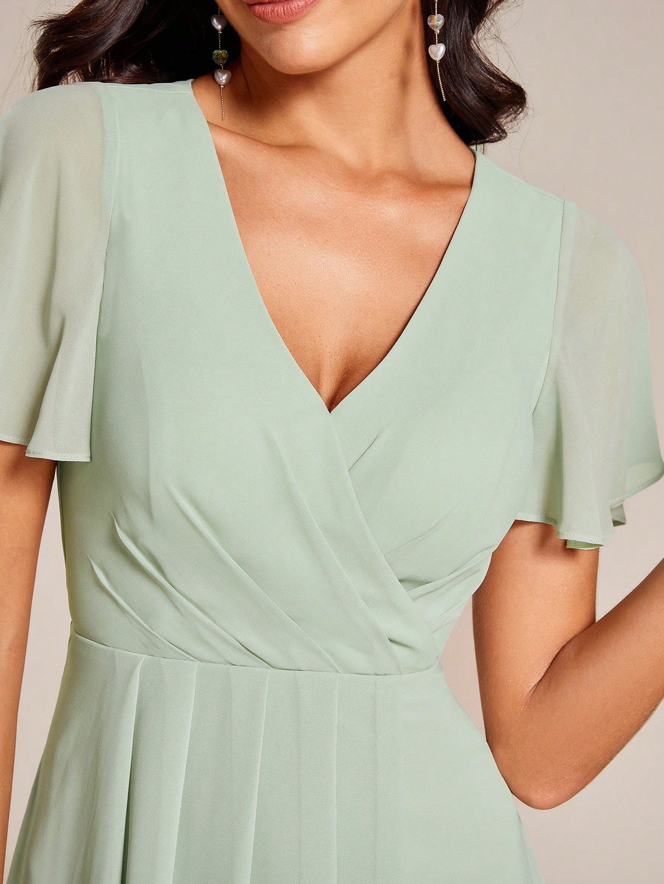 EVERPRETTY Summer Elegant Chiffon V-Neck Ruched Mint Green Bridesmaid Dress, Wedding Guest Dress, Soft - image 6