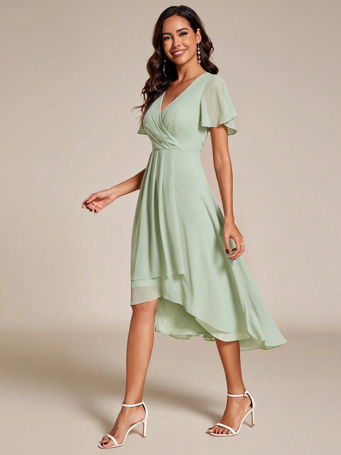 EVERPRETTY Summer Elegant Chiffon V-Neck Ruched Mint Green Bridesmaid Dress, Wedding Guest Dress, Soft - image 5