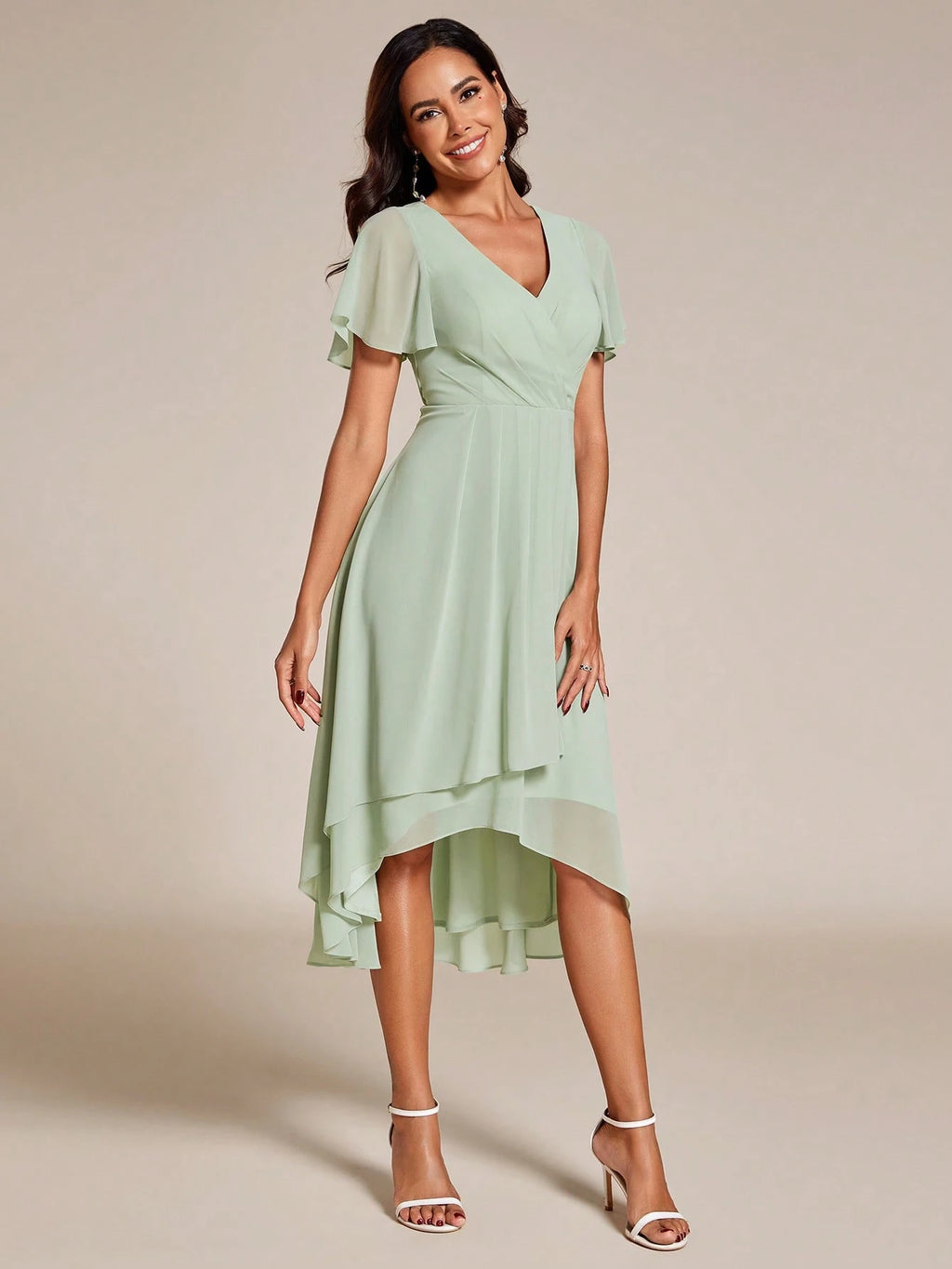EVERPRETTY Summer Elegant Chiffon V-Neck Ruched Mint Green Bridesmaid Dress, Wedding Guest Dress, Soft - image 7