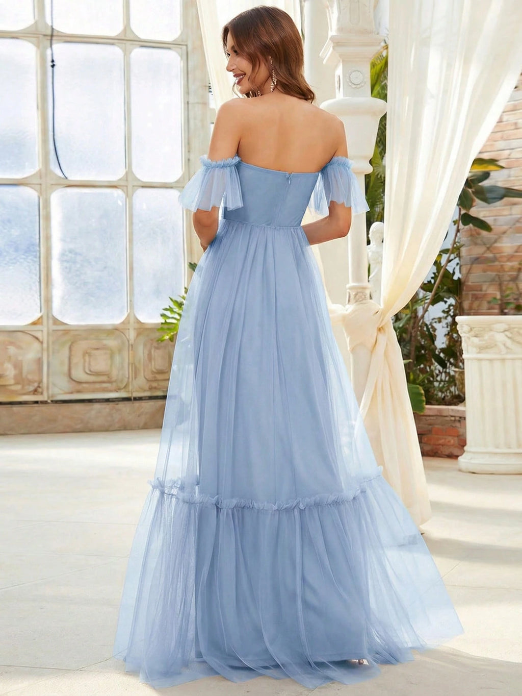 EVERPRETTY Romantic Off-Shoulder Ruffle Hem Mesh Tangerine Bridesmaid Dress, Suitable For Wedding, Party, - image 13