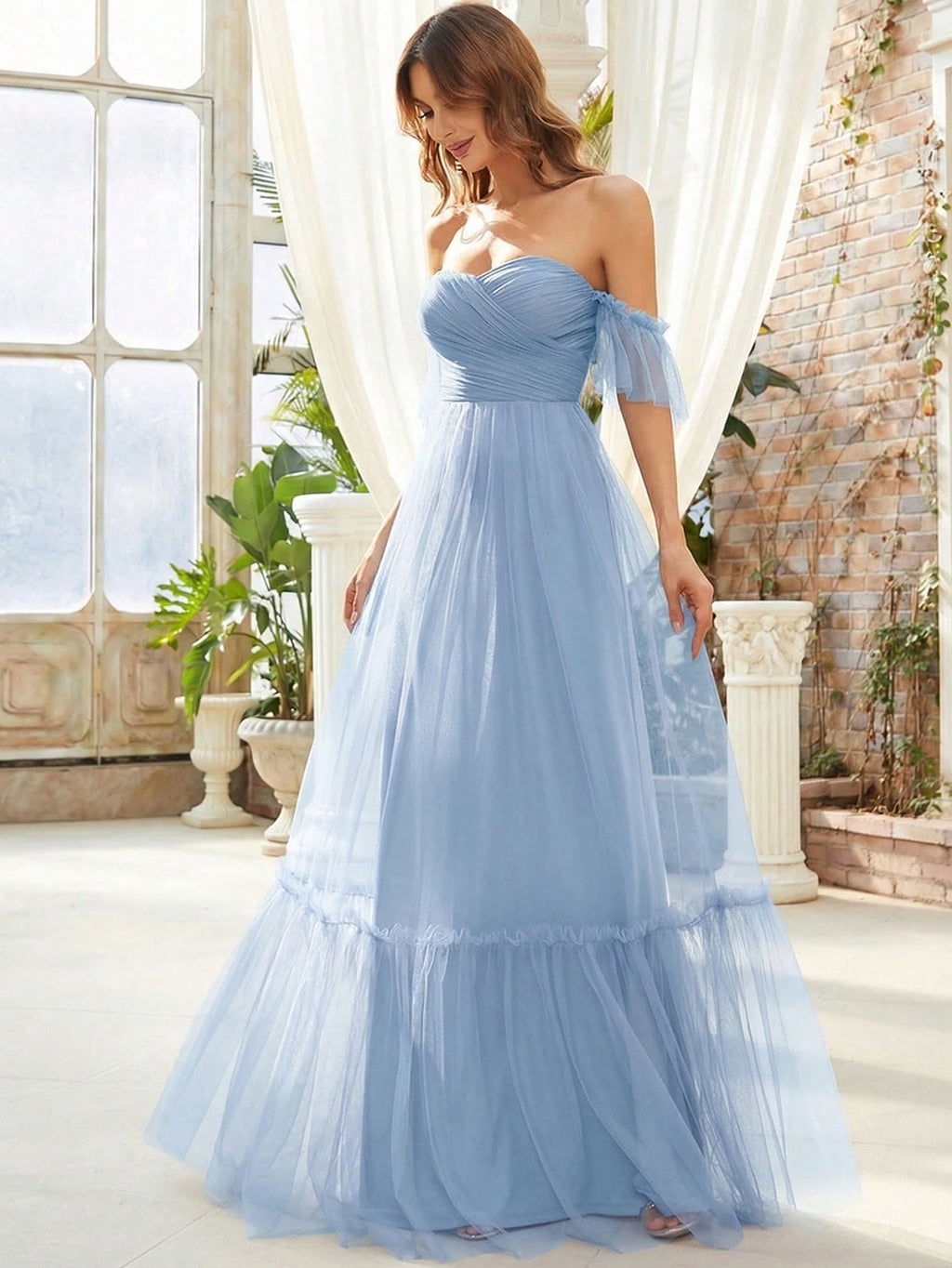 EVERPRETTY Romantic Off-Shoulder Ruffle Hem Mesh Tangerine Bridesmaid Dress, Suitable For Wedding, Party, - image 14
