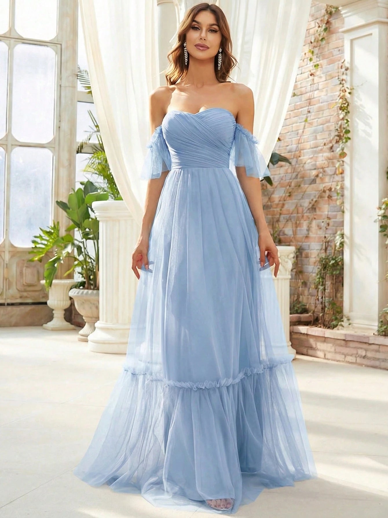 EVERPRETTY Romantic Off-Shoulder Ruffle Hem Mesh Tangerine Bridesmaid Dress, Suitable For Wedding, Party, - image 12