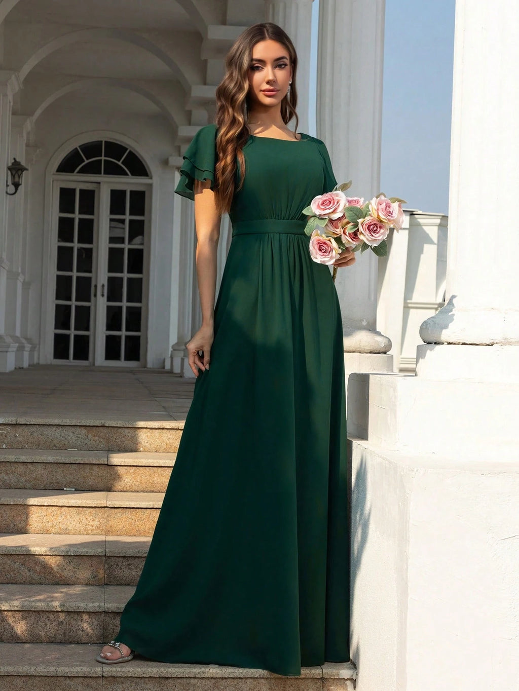 Volly Toych Elegant Matcha Green Long Bridesmaid Dress, Round Neck Ruffle Short Sleeve, Flowing Chiffon - image 5