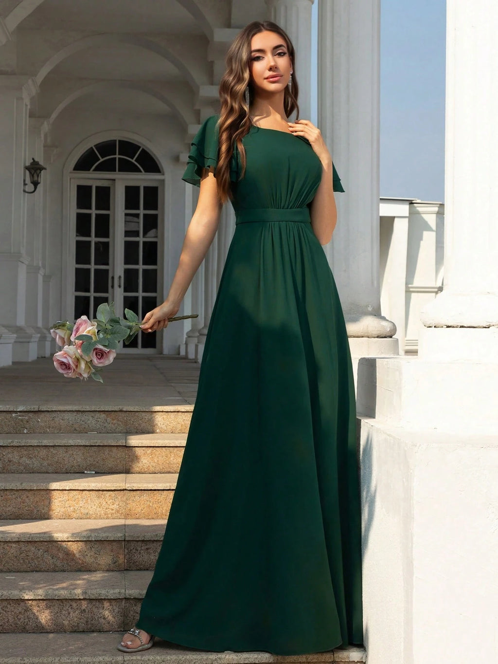 Volly Toych Elegant Matcha Green Long Bridesmaid Dress, Round Neck Ruffle Short Sleeve, Flowing Chiffon - image 6
