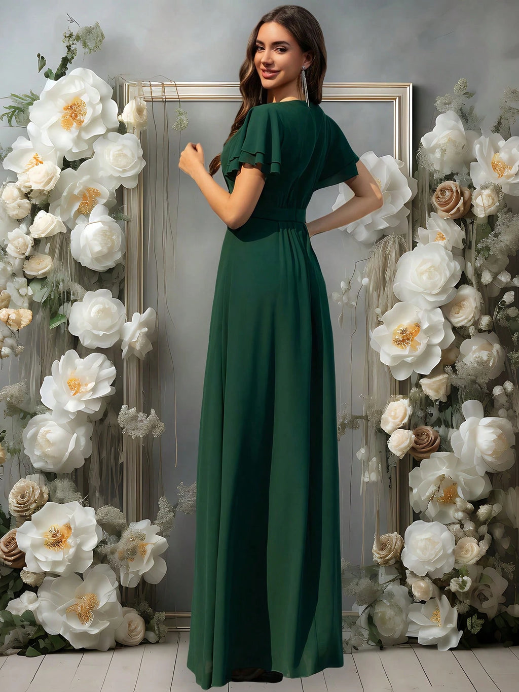 Volly Toych Elegant Matcha Green Long Bridesmaid Dress, Round Neck Ruffle Short Sleeve, Flowing Chiffon - image 2