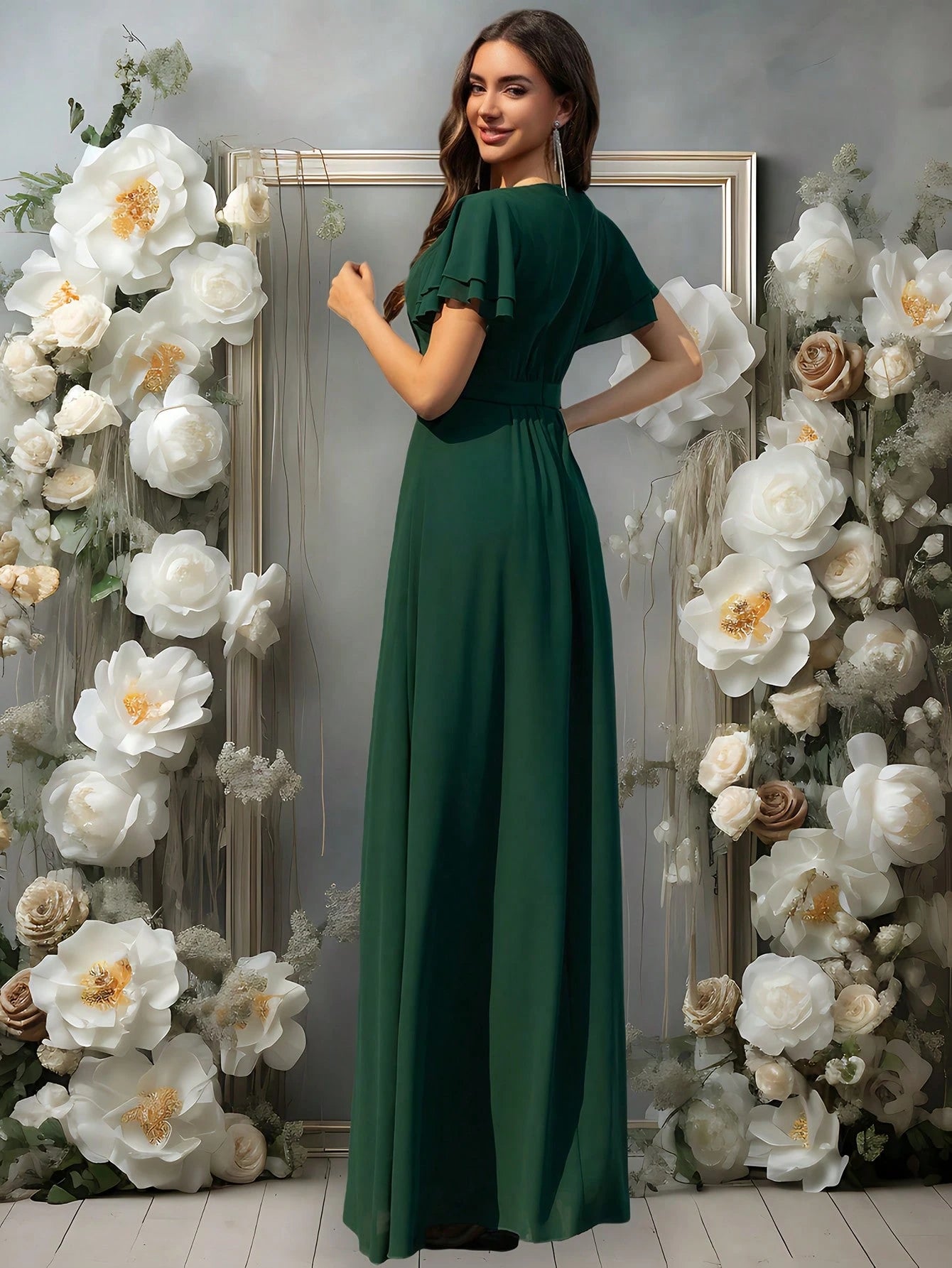 Volly Toych Elegant Matcha Green Long Bridesmaid Dress, Round Neck Ruffle Short Sleeve, Flowing Chiffon - image 2