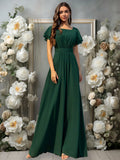 Volly Toych Elegant Matcha Green Long Bridesmaid Dress, Round Neck Ruffle Short Sleeve, Flowing Chiffon