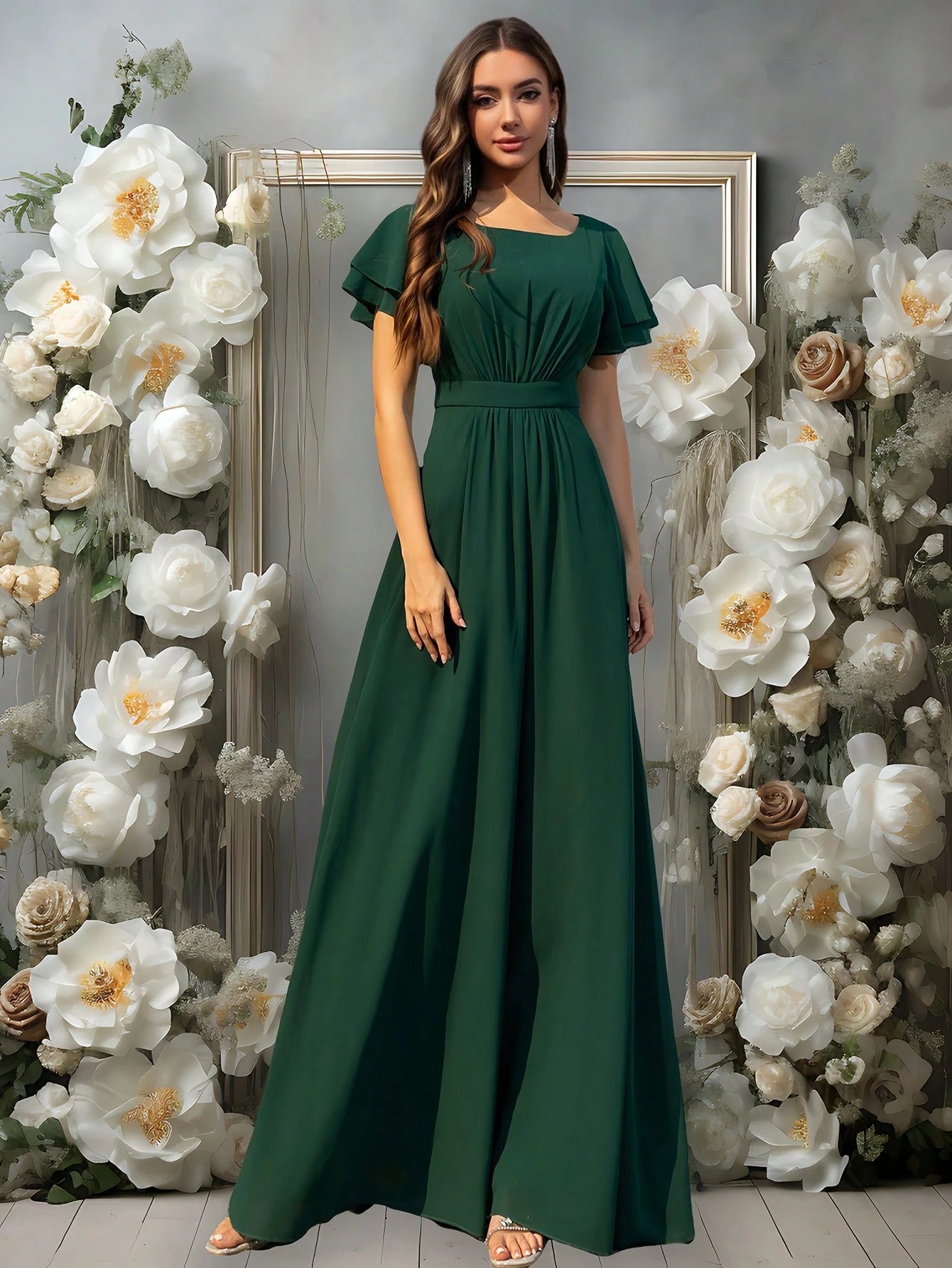 Volly Toych Elegant Matcha Green Long Bridesmaid Dress, Round Neck Ruffle Short Sleeve, Flowing Chiffon