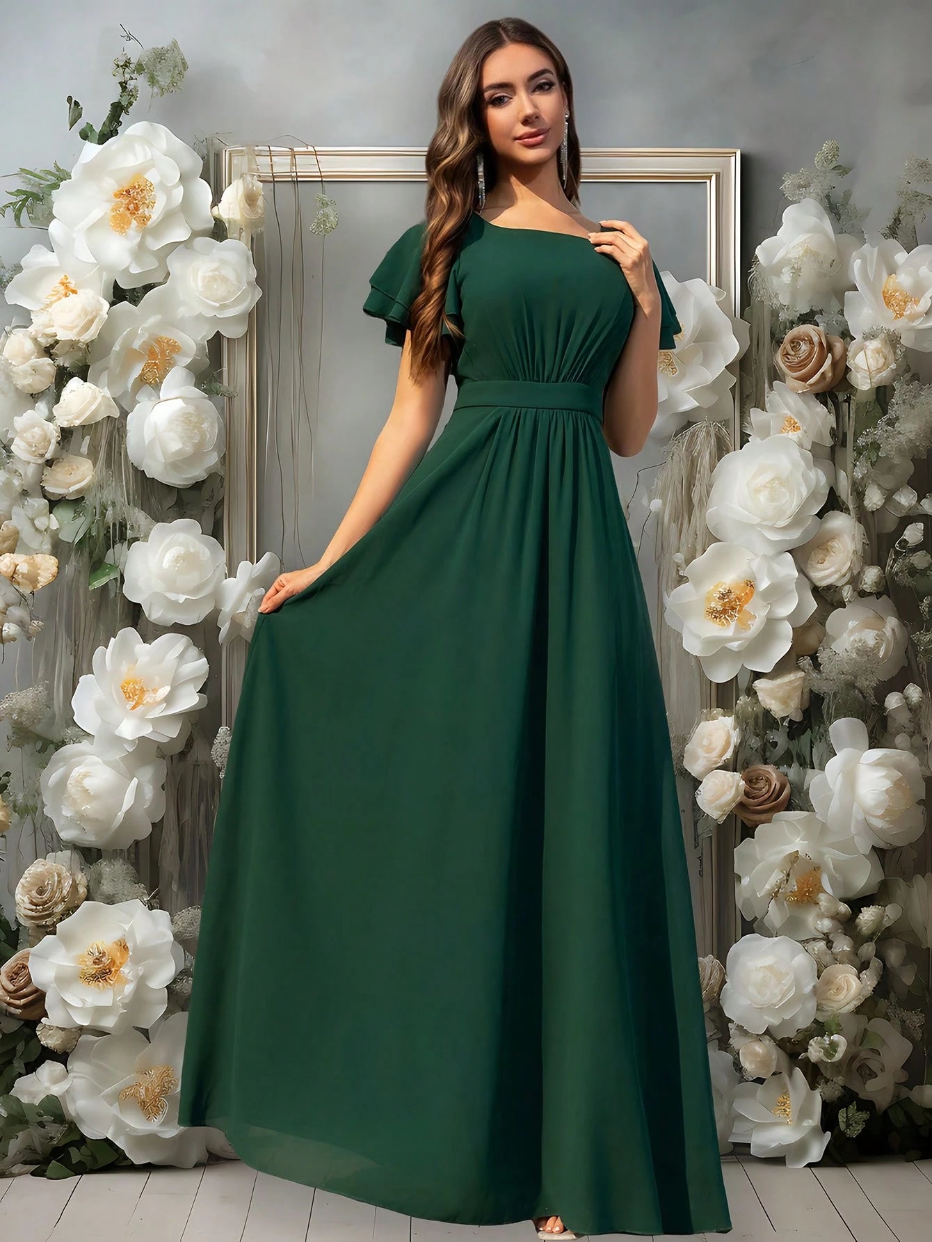 Volly Toych Elegant Matcha Green Long Bridesmaid Dress, Round Neck Ruffle Short Sleeve, Flowing Chiffon - image 3