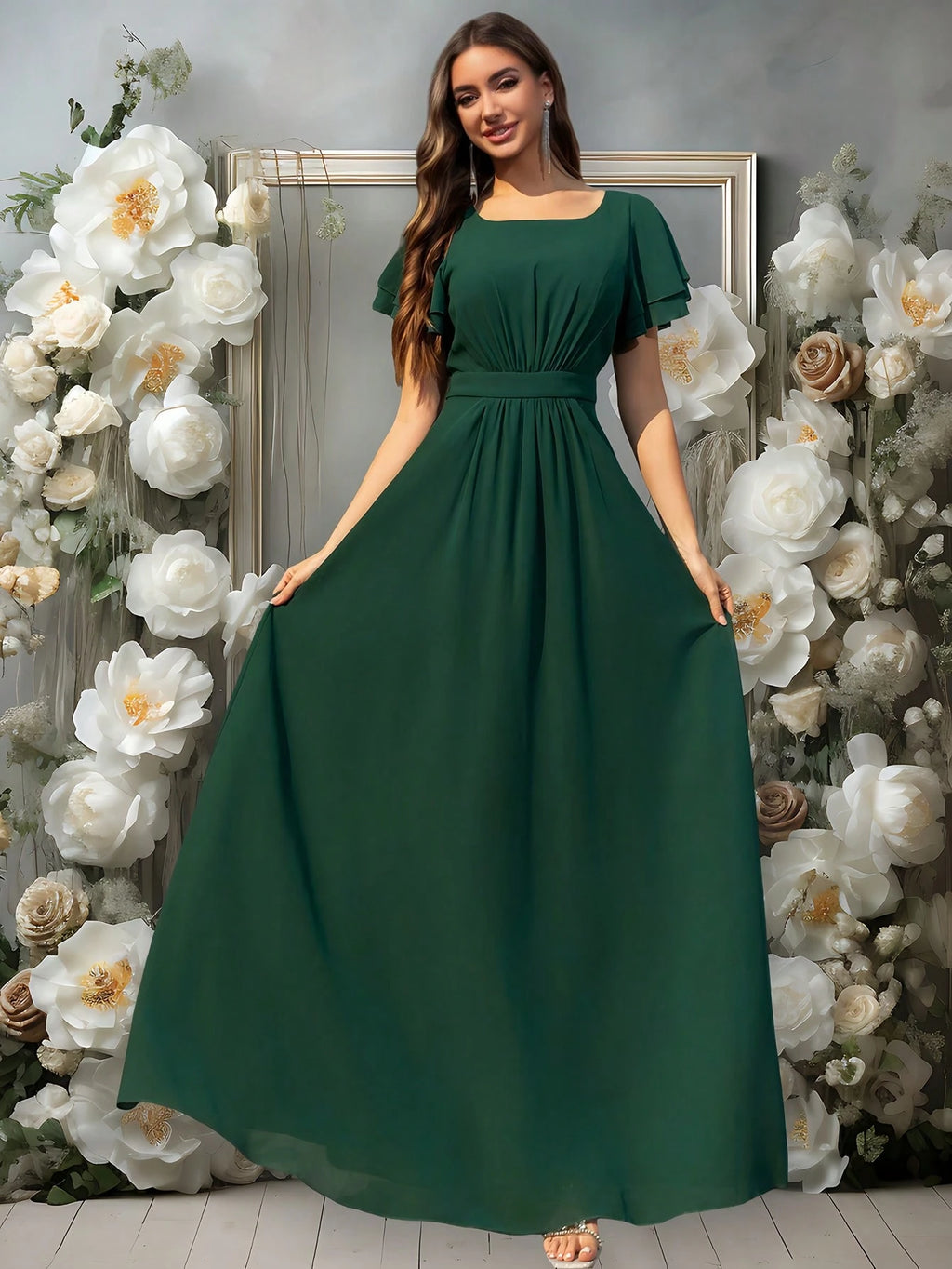 Volly Toych Elegant Matcha Green Long Bridesmaid Dress, Round Neck Ruffle Short Sleeve, Flowing Chiffon - image 4