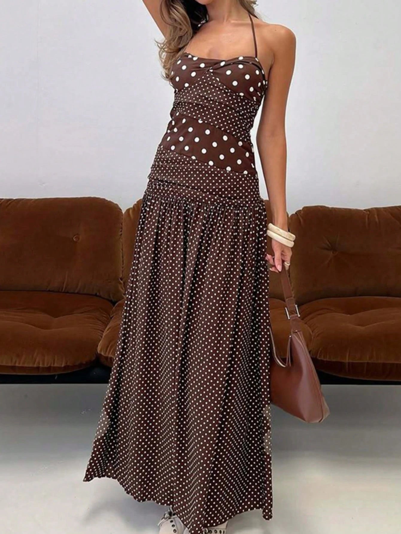 Women's Casual Polka Dot Spaghetti Strap Maxi Dress, Elegant For
