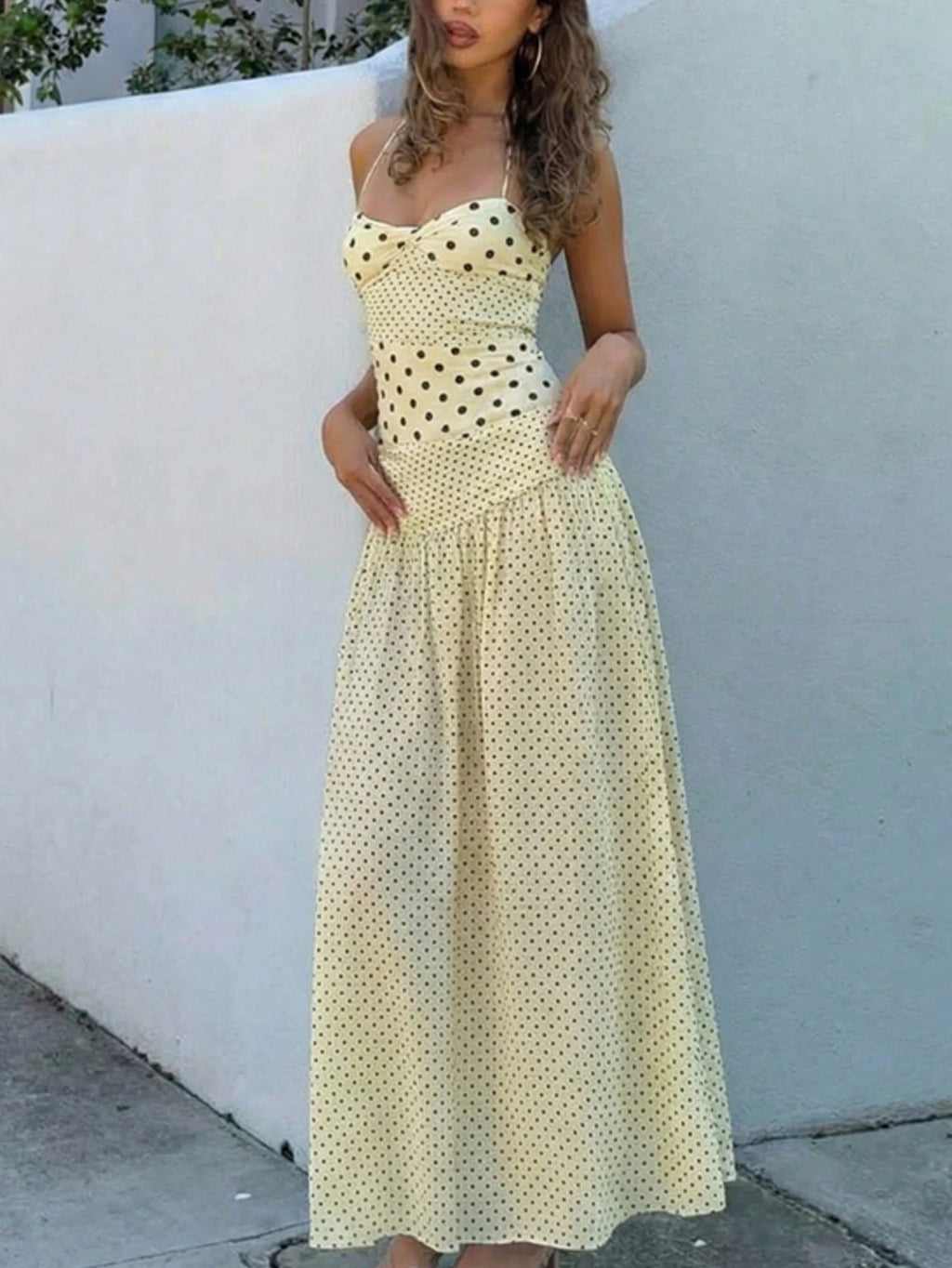 Women's Casual Polka Dot Spaghetti Strap Maxi Dress, Elegant For