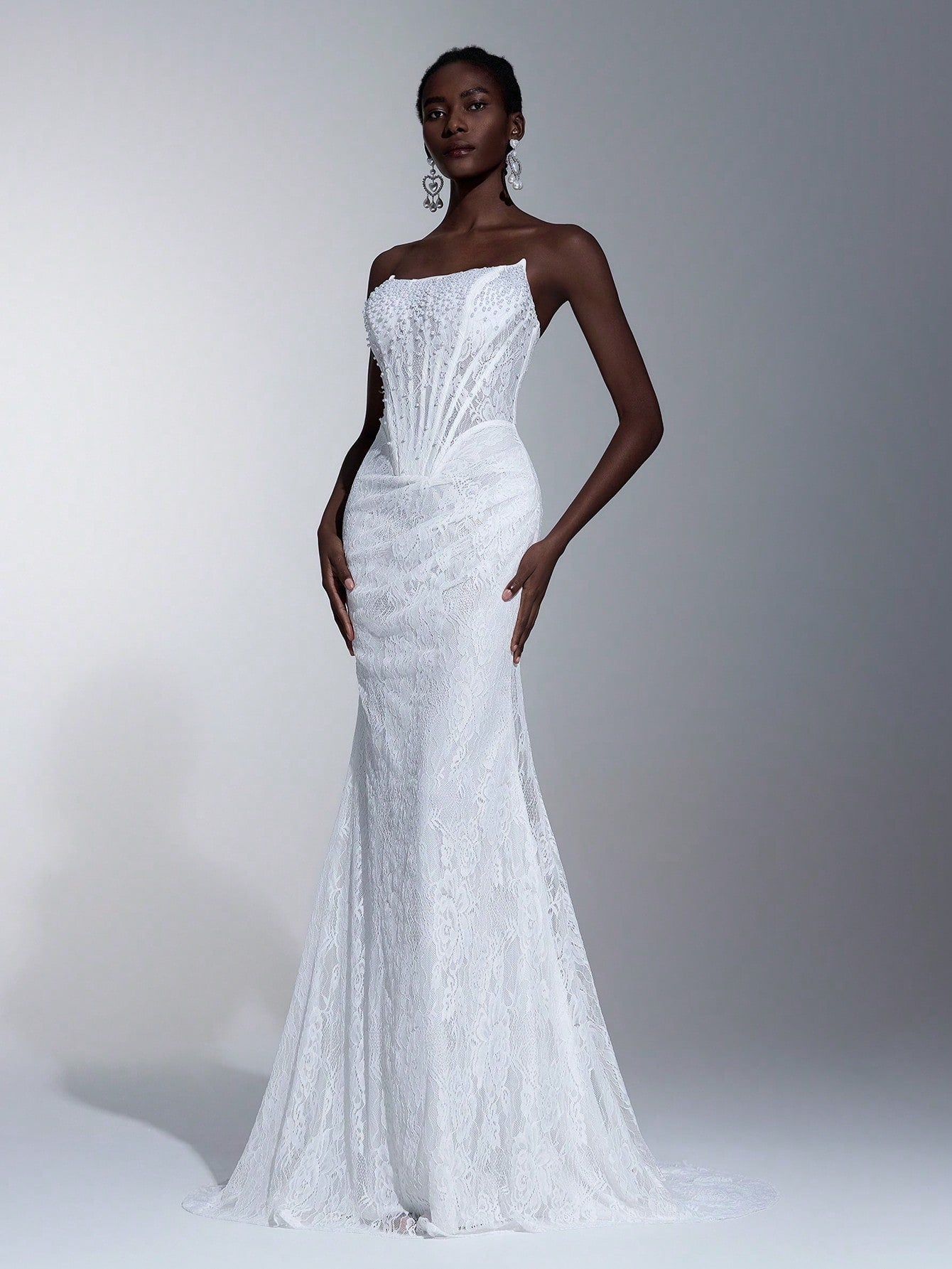 Elitara Elegant White Summer Wedding Bridal Dress, Lace Strapless Sheer Mesh Bodice With Boning,Beaded Waist - image 11