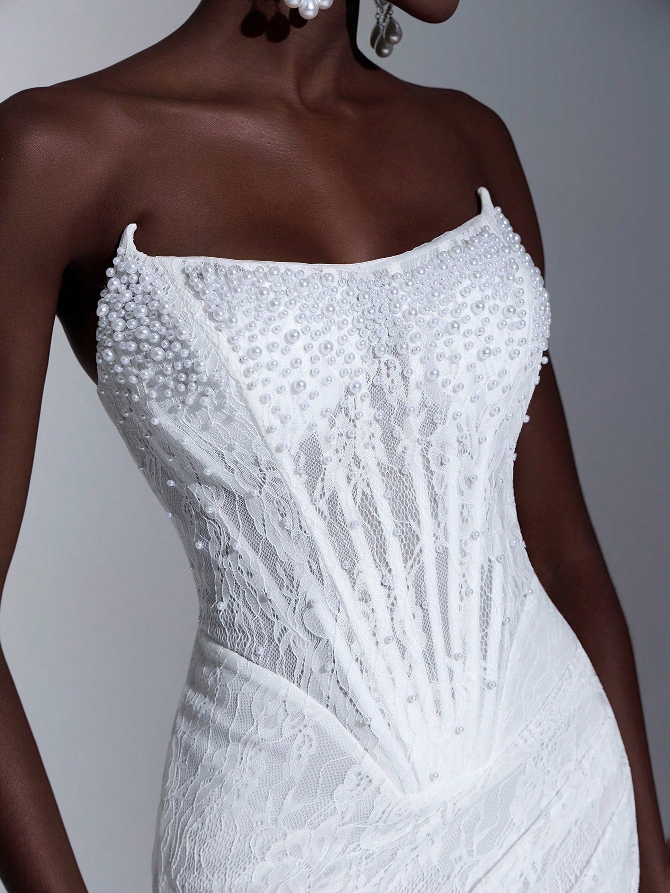 Elitara Elegant White Summer Wedding Bridal Dress, Lace Strapless Sheer Mesh Bodice With Boning,Beaded Waist - image 8
