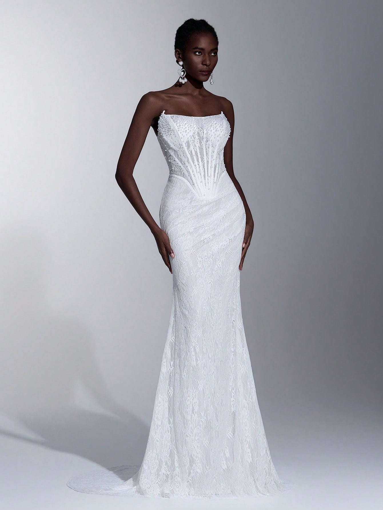 Elitara Elegant White Summer Wedding Bridal Dress, Lace Strapless Sheer Mesh Bodice With Boning,Beaded Waist - image 12