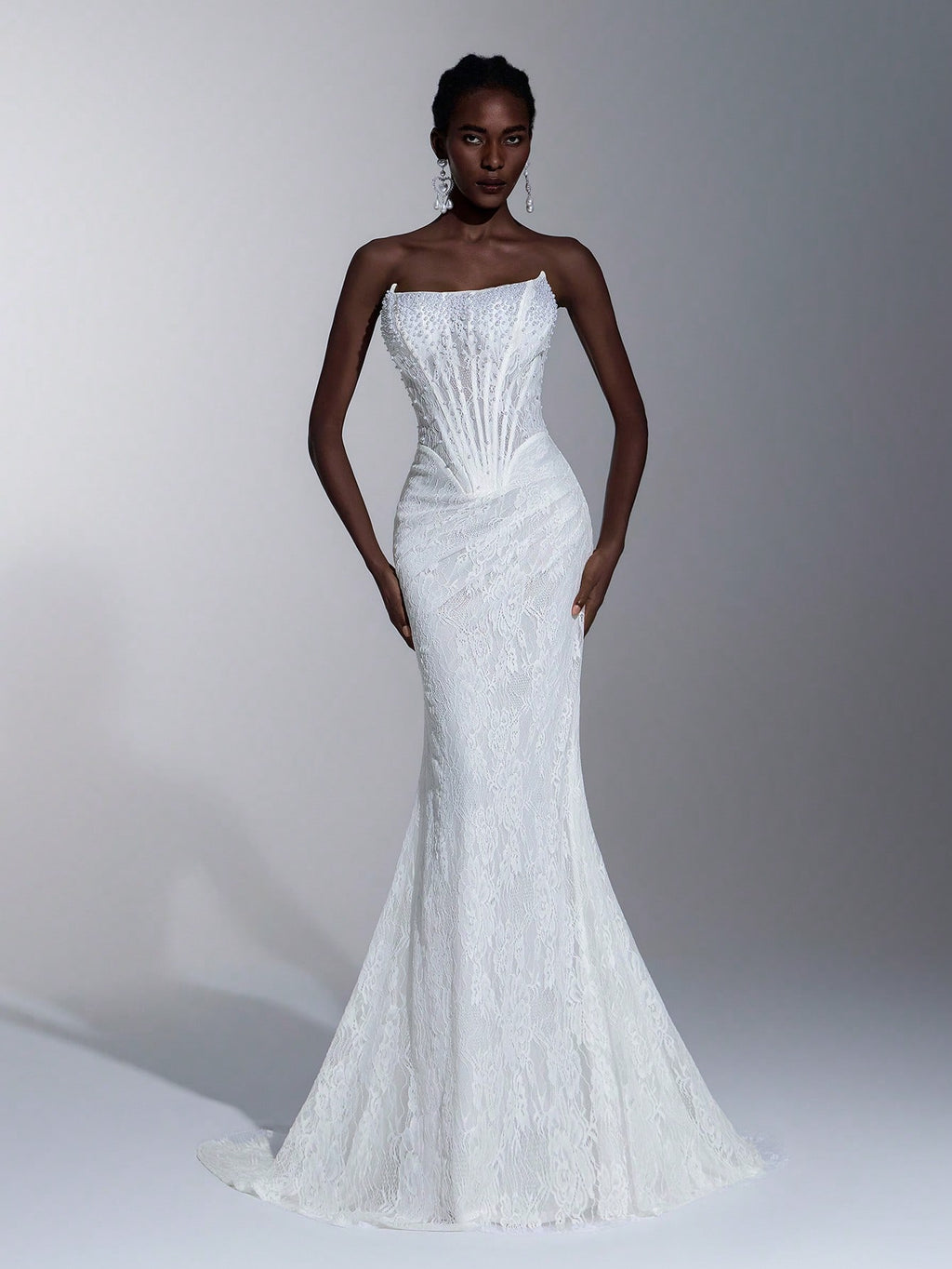 Elitara Elegant White Summer Wedding Bridal Dress, Lace Strapless Sheer Mesh Bodice With Boning,Beaded Waist - image 9