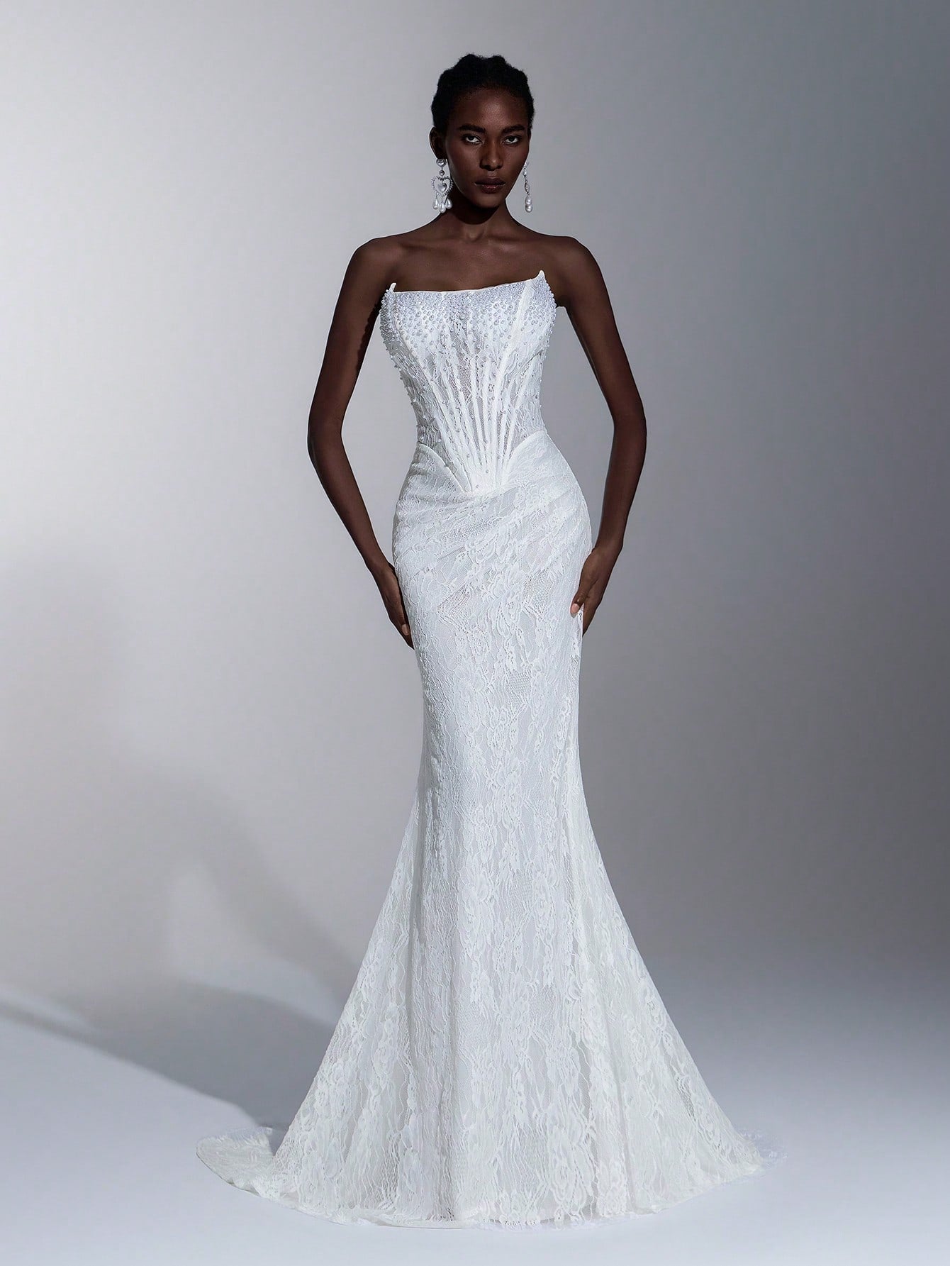 Elitara Elegant White Summer Wedding Bridal Dress, Lace Strapless Sheer Mesh Bodice With Boning,Beaded Waist - image 9