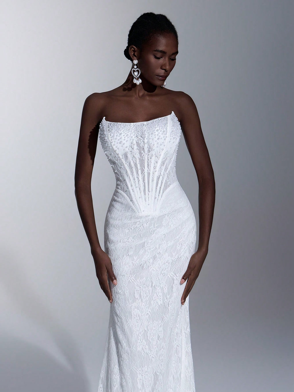 Elitara Elegant White Summer Wedding Bridal Dress, Lace Strapless Sheer Mesh Bodice With Boning,Beaded Waist - image 14