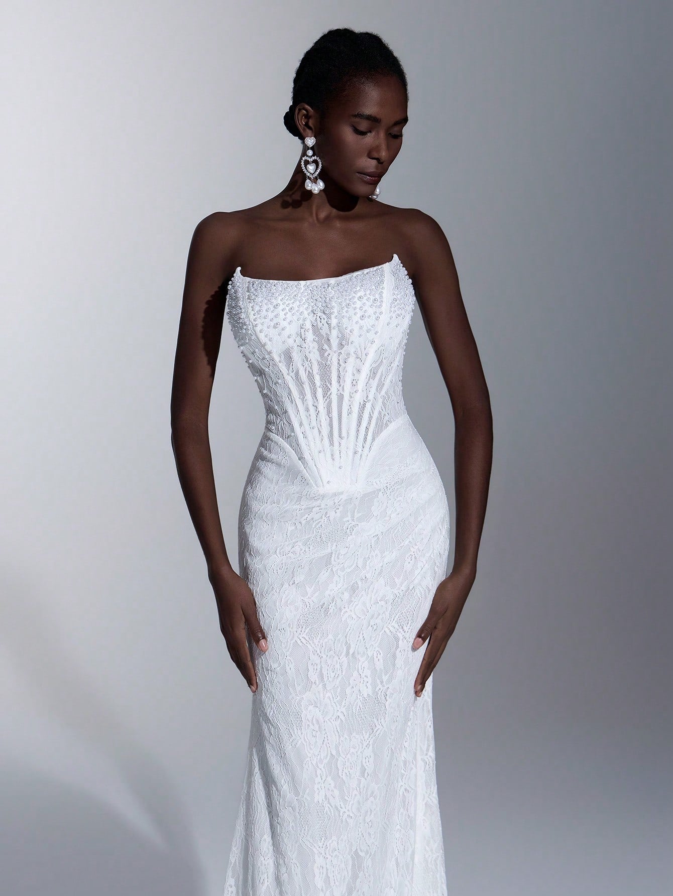 Elitara Elegant White Summer Wedding Bridal Dress, Lace Strapless Sheer Mesh Bodice With Boning,Beaded Waist - image 14