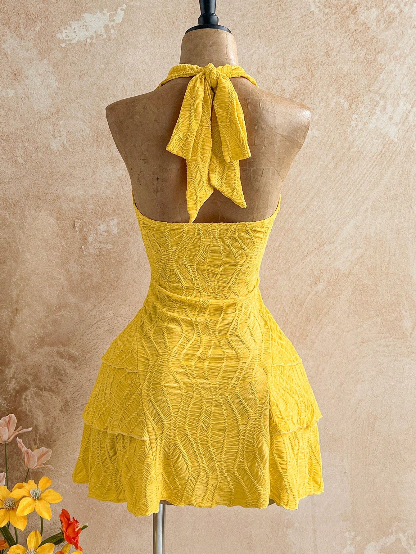 Soleia Women's Yellow Boho Mini Dress, V-Neck Sunflower Decor Halter