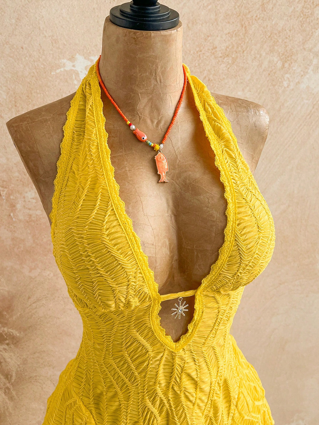 Soleia Women's Yellow Boho Mini Dress, V-Neck Sunflower Decor Halter