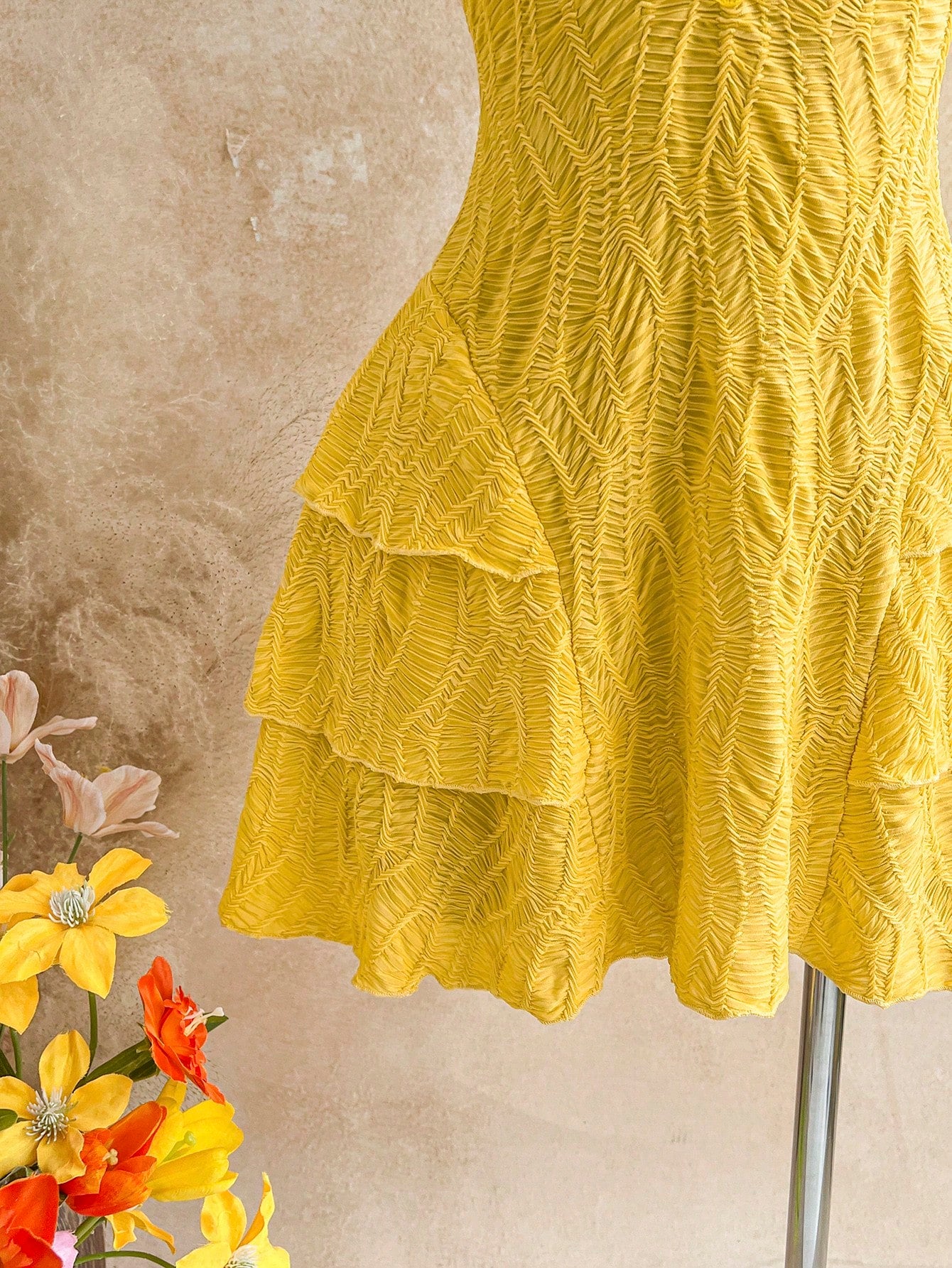 Soleia Women's Yellow Boho Mini Dress, V-Neck Sunflower Decor Halter