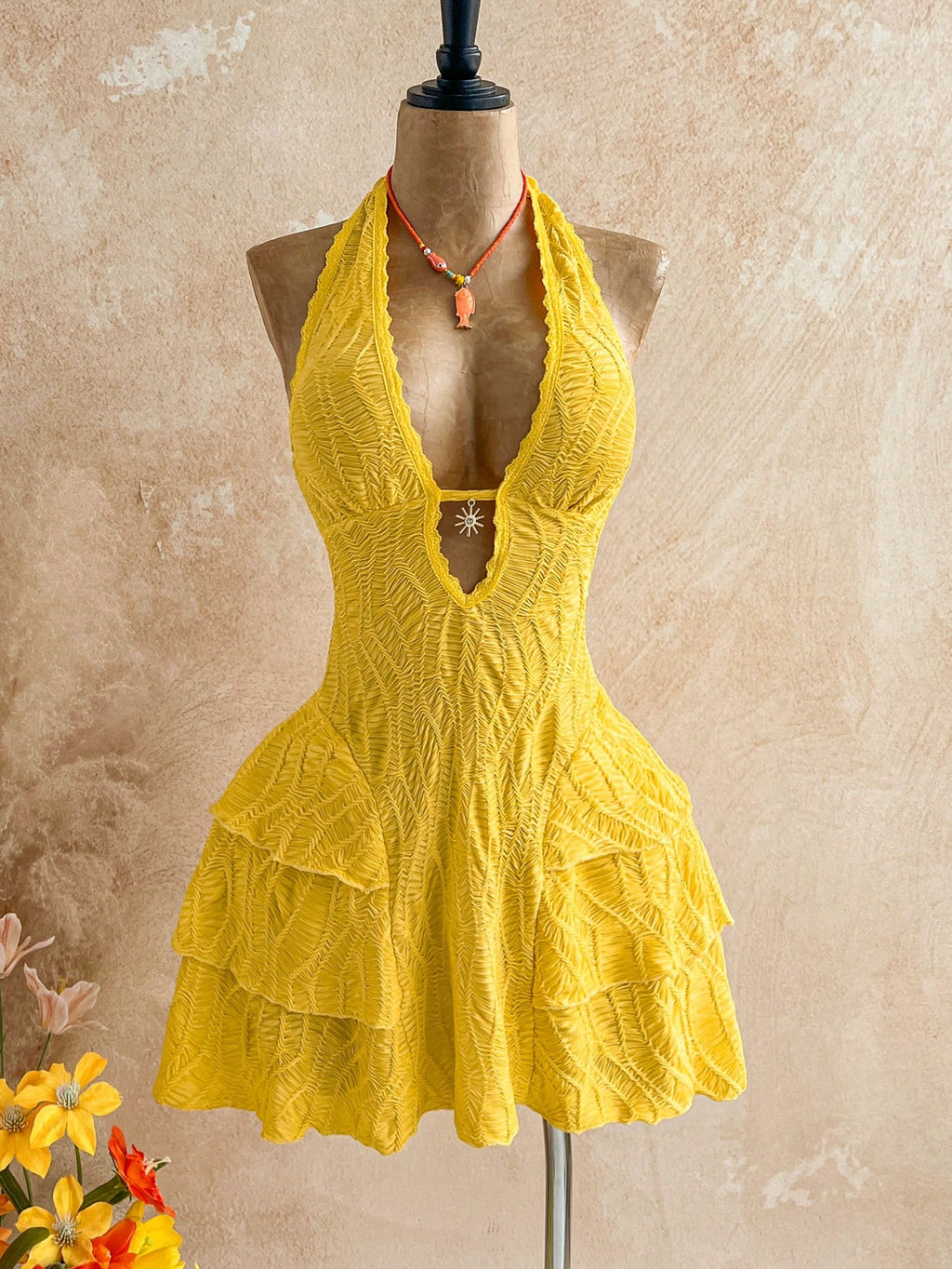 Soleia Women's Yellow Boho Mini Dress, V-Neck Sunflower Decor Halter