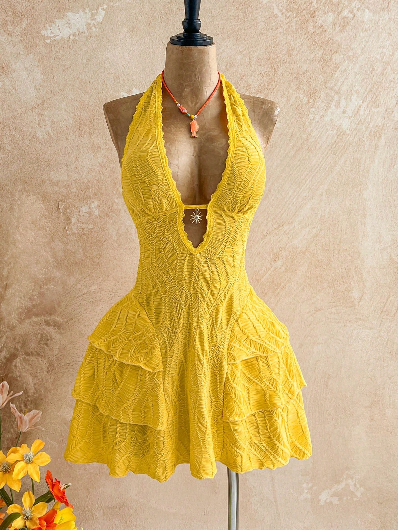 Soleia Women's Yellow Boho Mini Dress, V-Neck Sunflower Decor Halter
