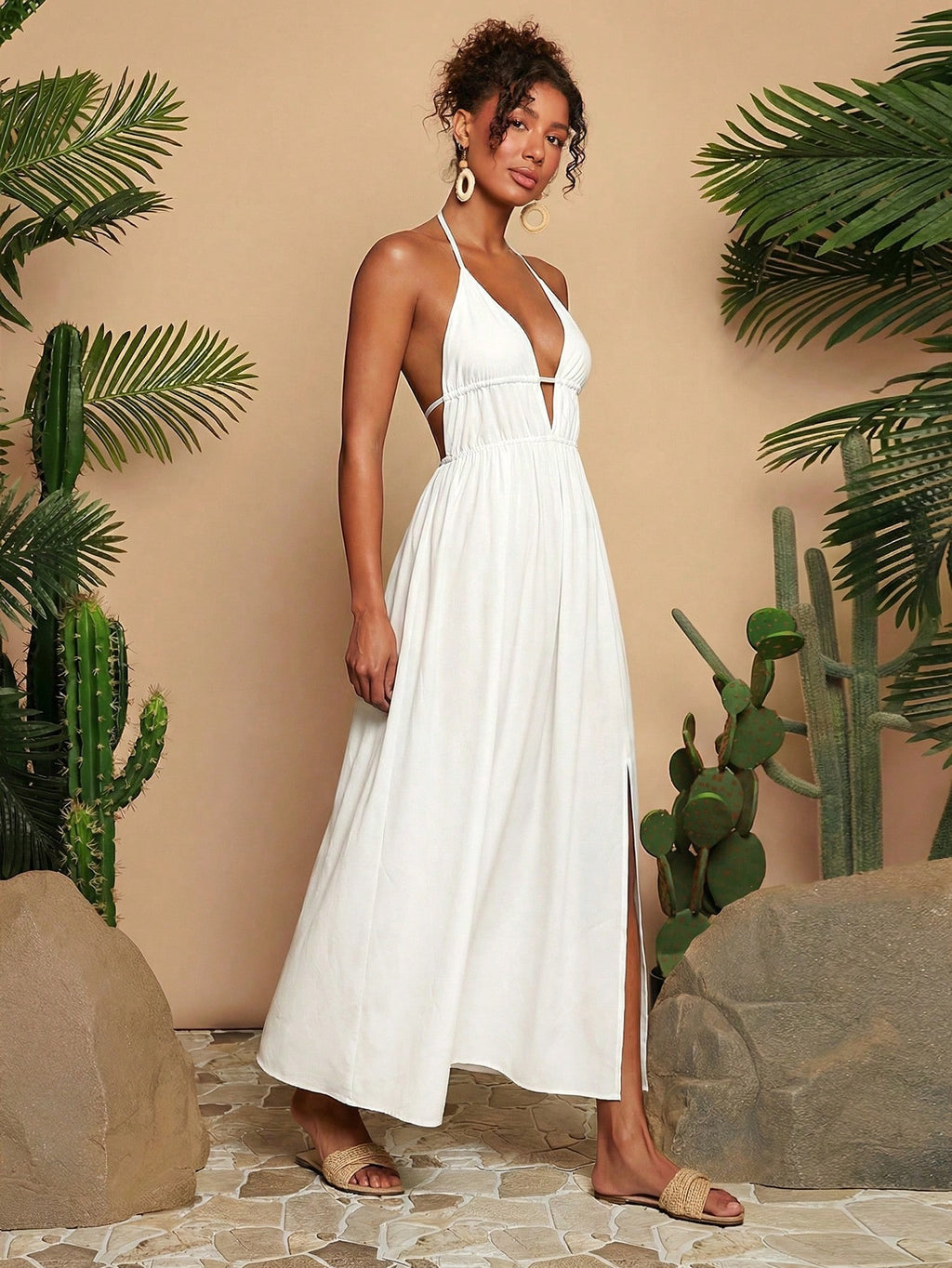 Travachic White Summer Casual Holiday Vacation,Women's Solid V-Neck