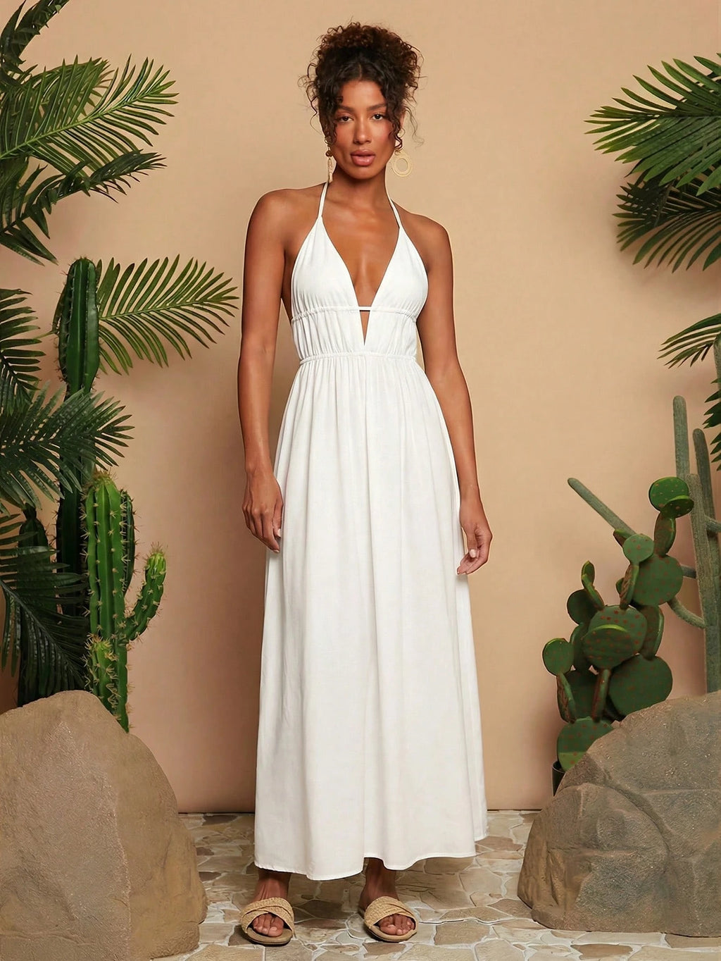 Travachic White Summer Casual Holiday Vacation,Women's Solid V-Neck