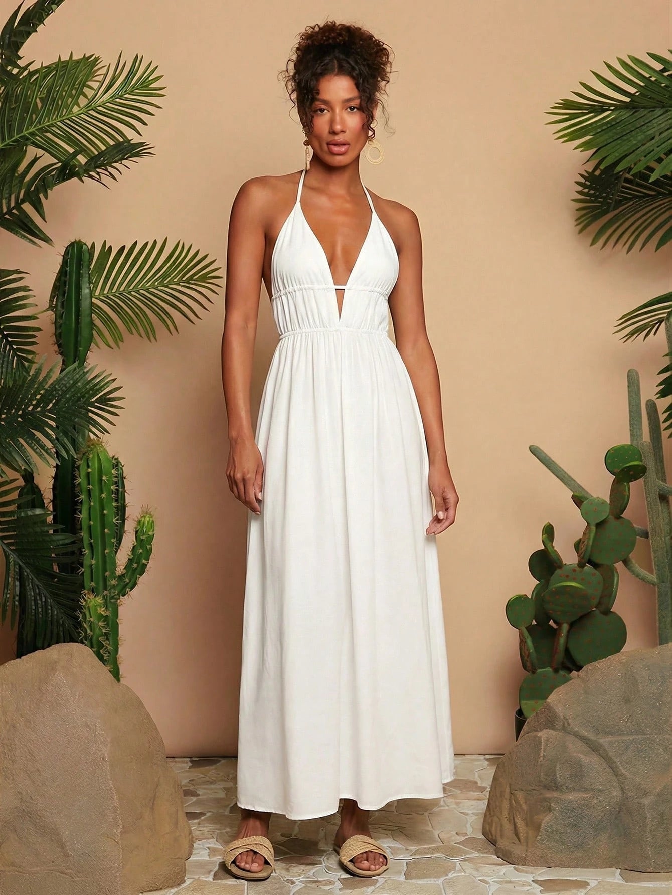 Travachic White Summer Casual Holiday Vacation,Women's Solid V-Neck