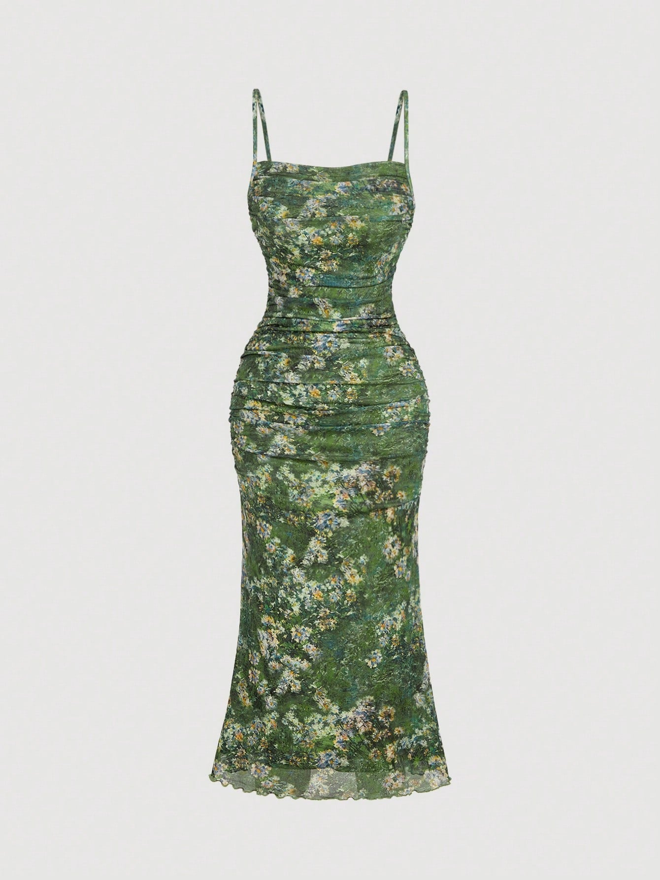 Skyraze Women's Green Floral Oil Painting Ruched Bodycon Cami Dress,Summer Holiday,Casual - image 13
