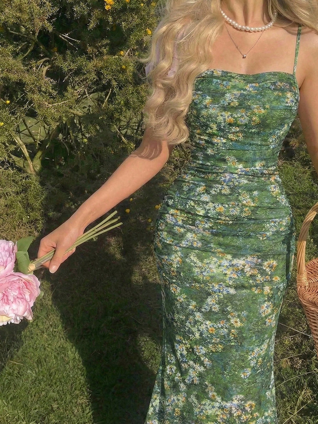 Skyraze Women's Green Floral Oil Painting Ruched Bodycon Cami Dress,Summer Holiday,Casual - image 12