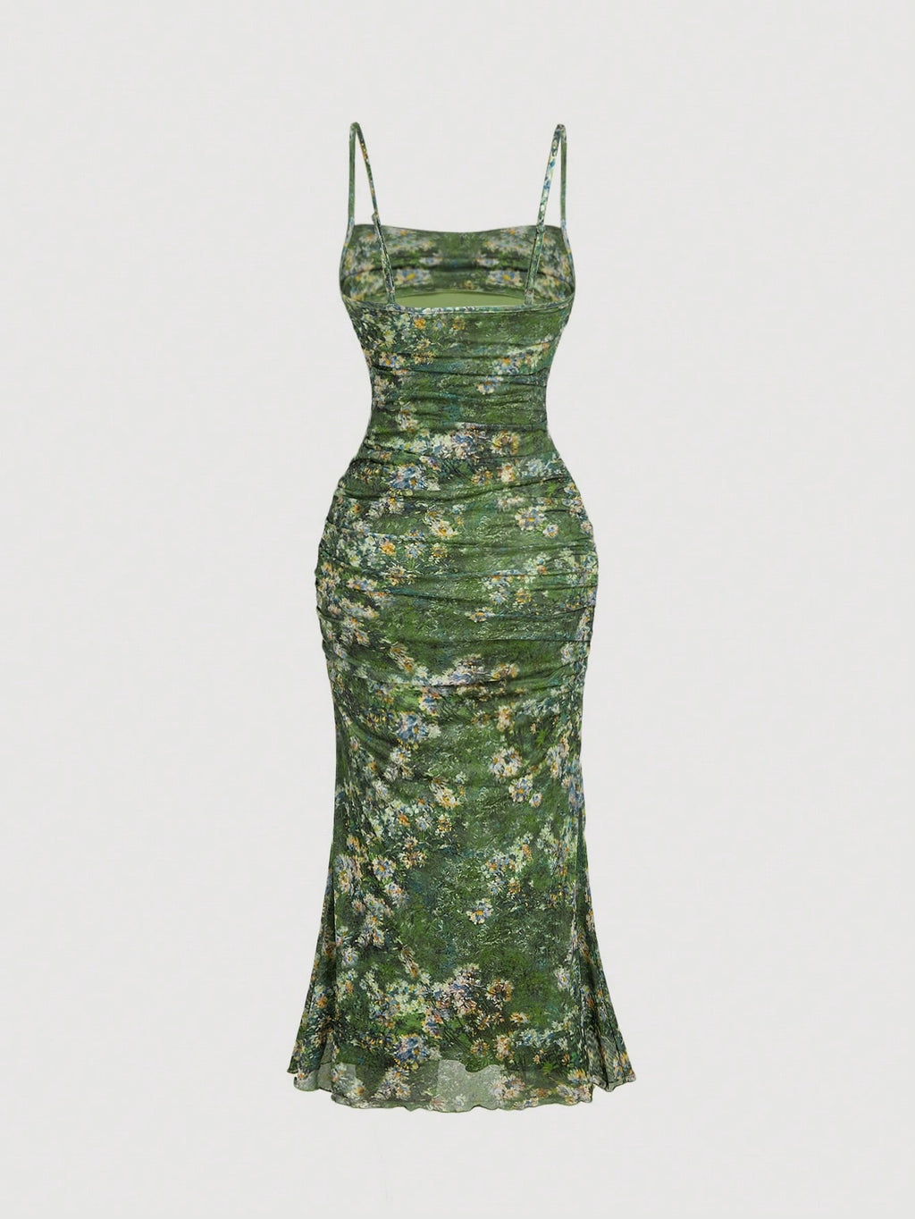 Skyraze Women's Green Floral Oil Painting Ruched Bodycon Cami Dress,Summer Holiday,Casual - image 14
