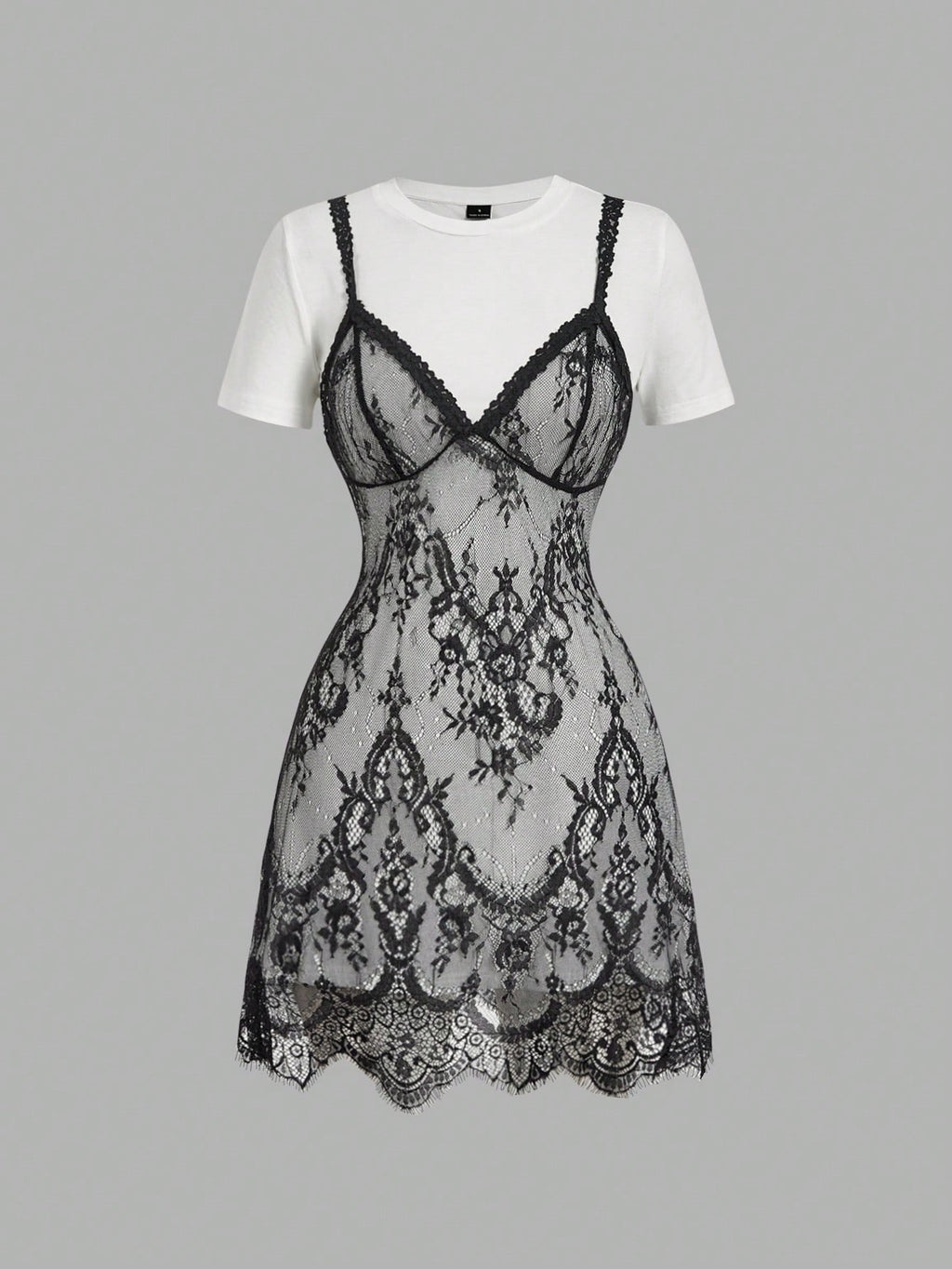Skyraze Women's Lace Patchwork Round Neck Short Sleeve Mini Dress,