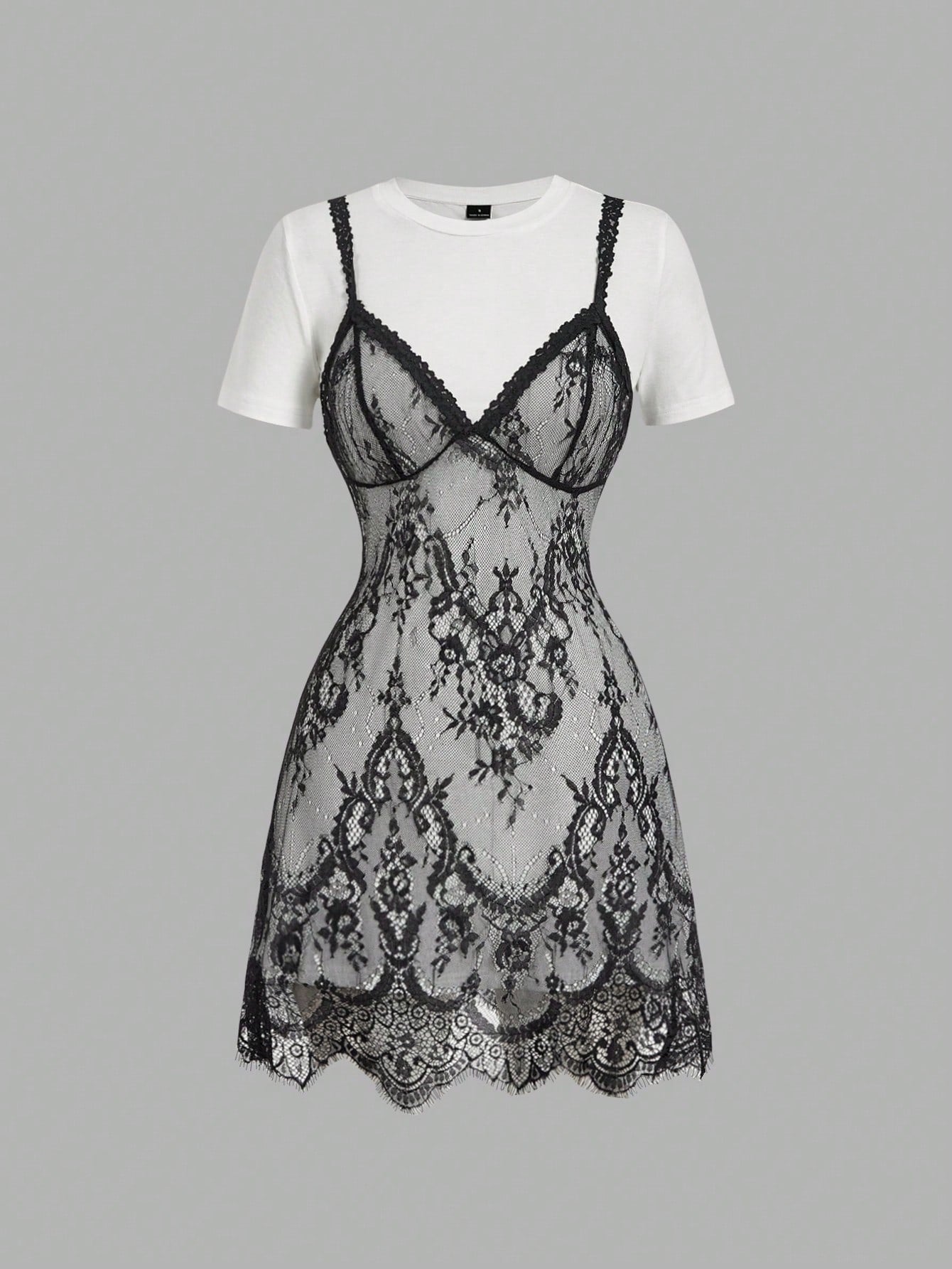 Skyraze Women's Lace Patchwork Round Neck Short Sleeve Mini Dress,