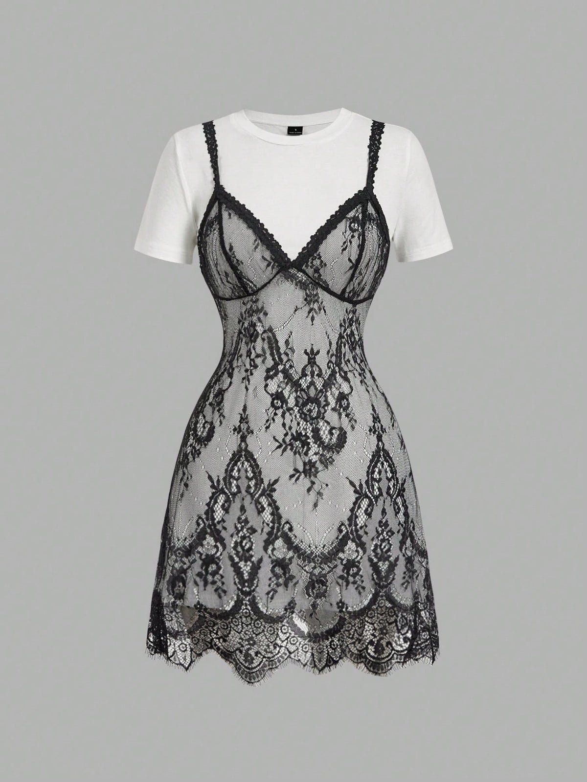 Skyraze Women's Lace Patchwork Round Neck Short Sleeve Mini Dress, Black Floral, Summer, Elegant Romantic, - image 10