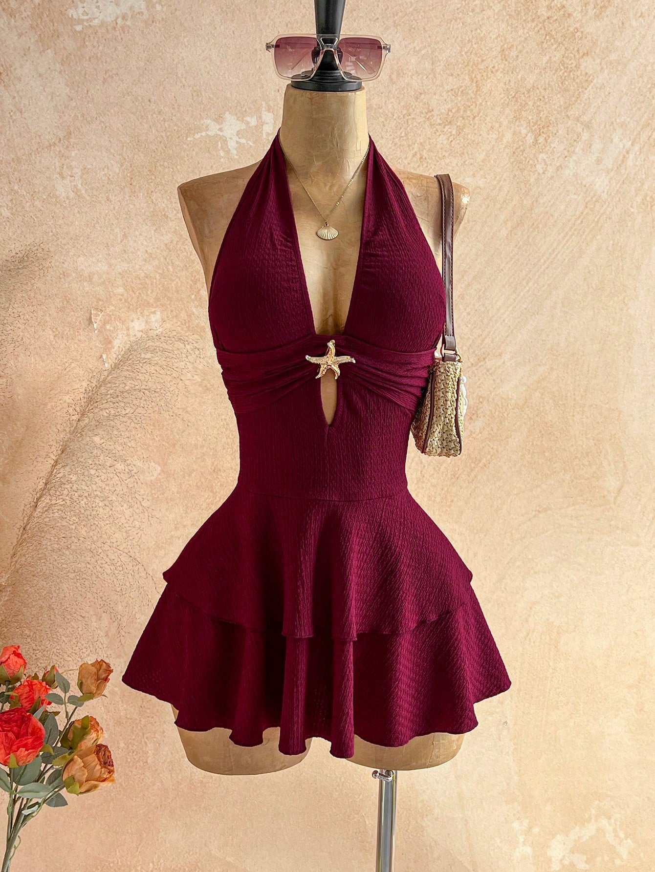 Soleia Women's Sexy Backless Metal Starfish Decor Mini Dress, Solid