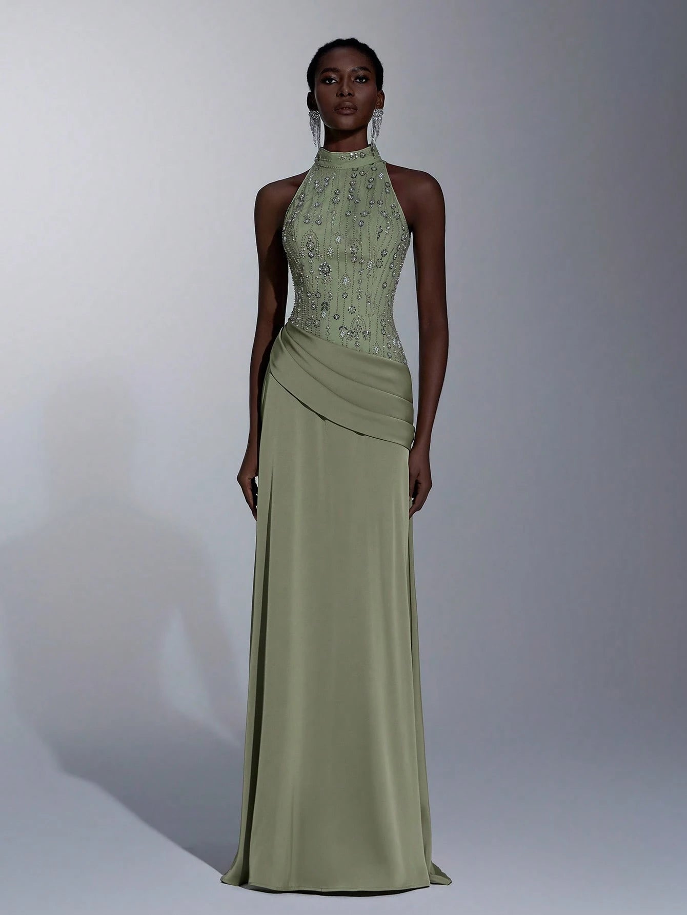 Elitara Elegant, , Fashionable Green Sequin Embroidered Satin Patchwork Pleated Decor A-Line Long Formal - image 9